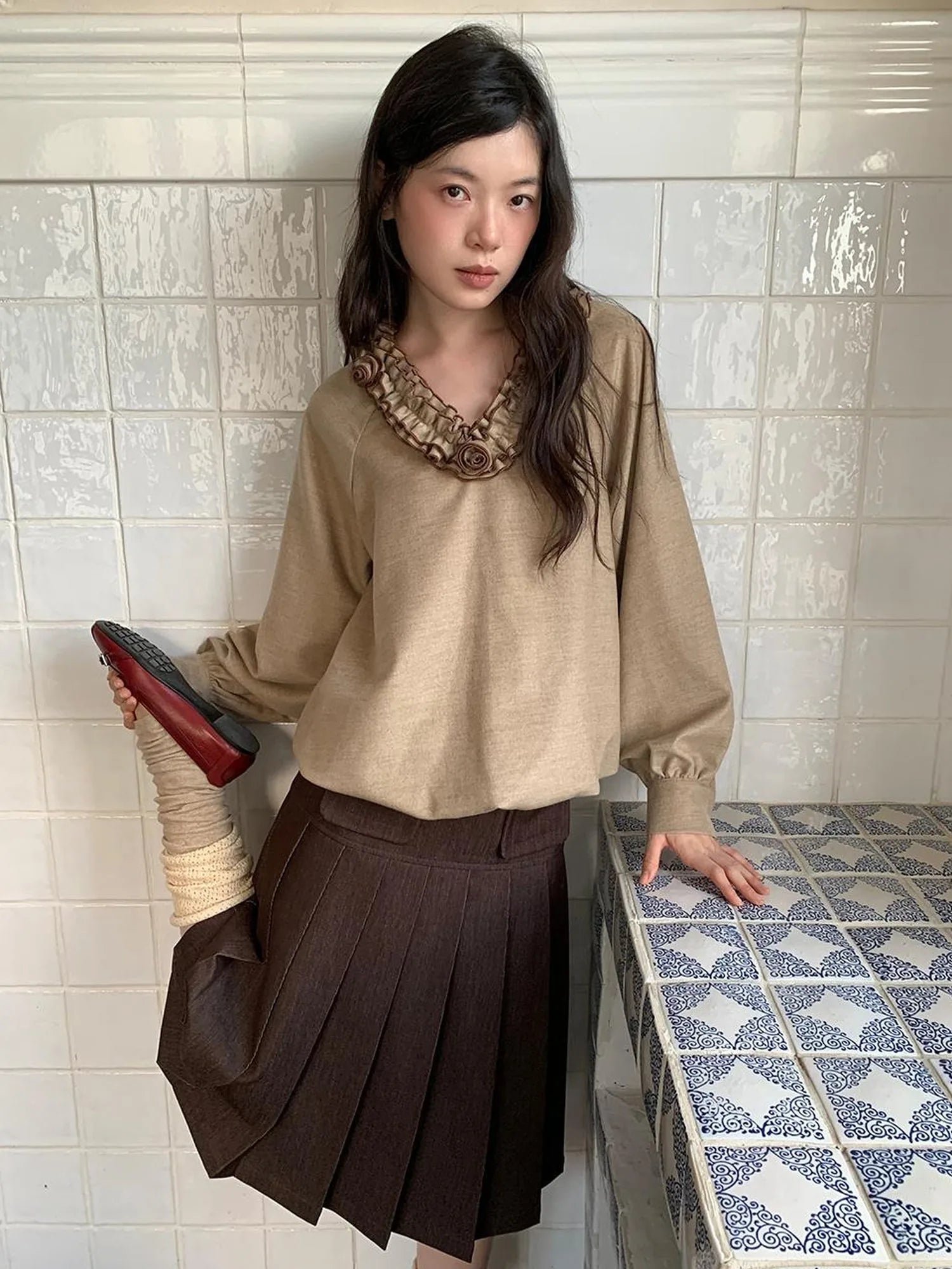 Pleated Side Pocket Midi Skirt