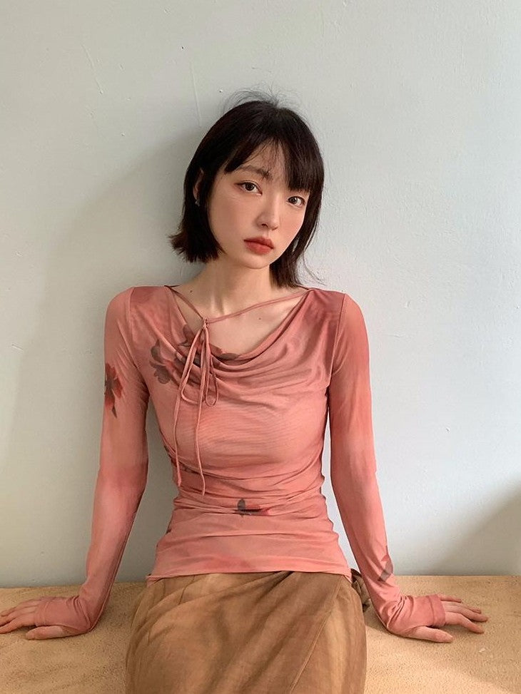 Dorydory Red Mesh Drape Neckline Women&