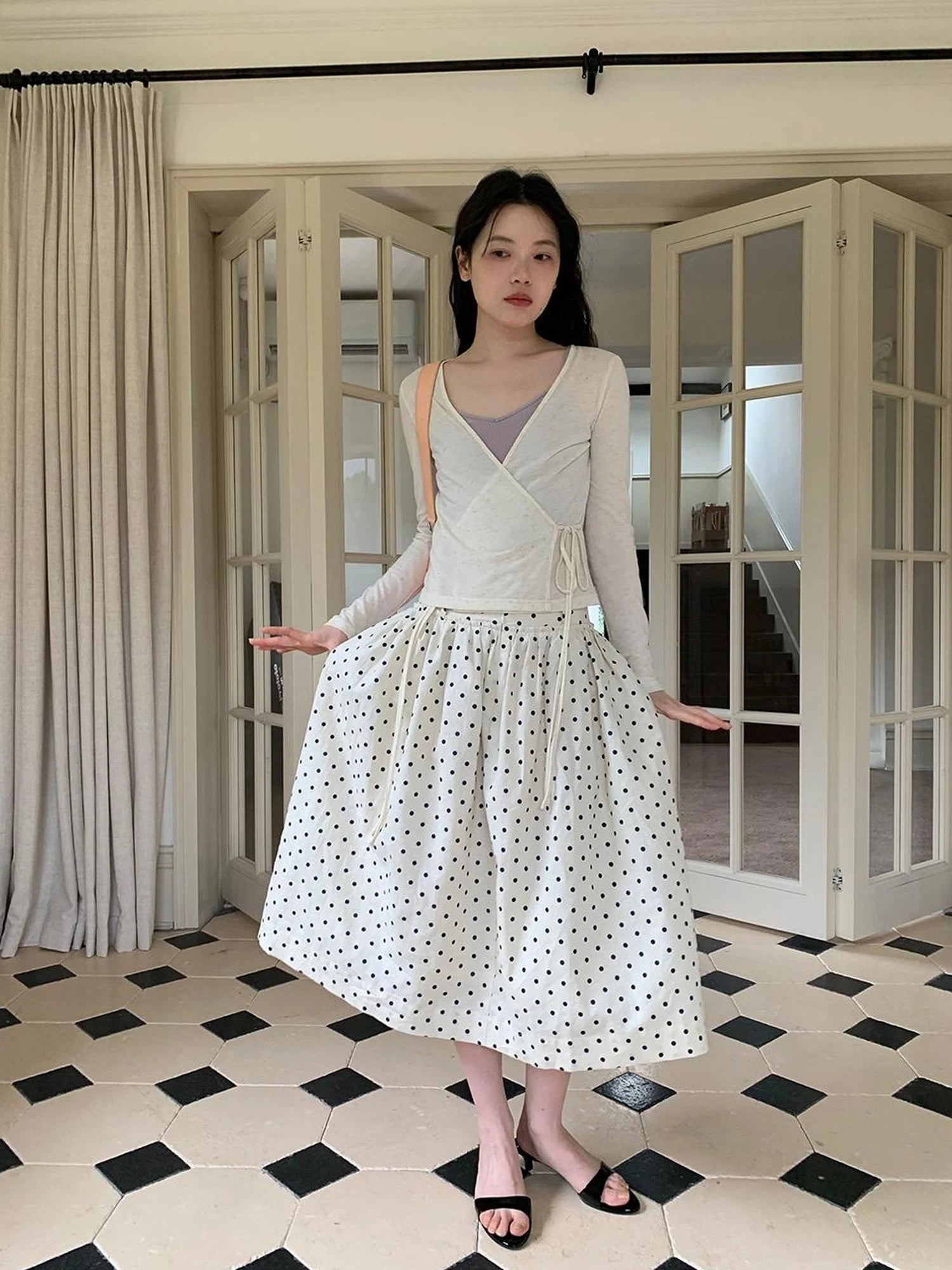 Retro Dot A Line Midi Skirt For Pear Shape