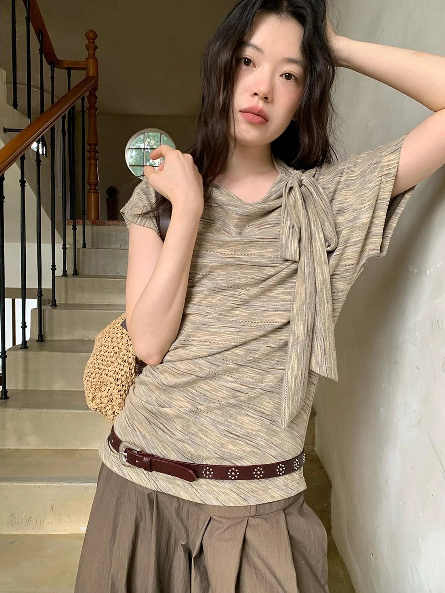 Retro Off Shoulder Bow Knit Tee