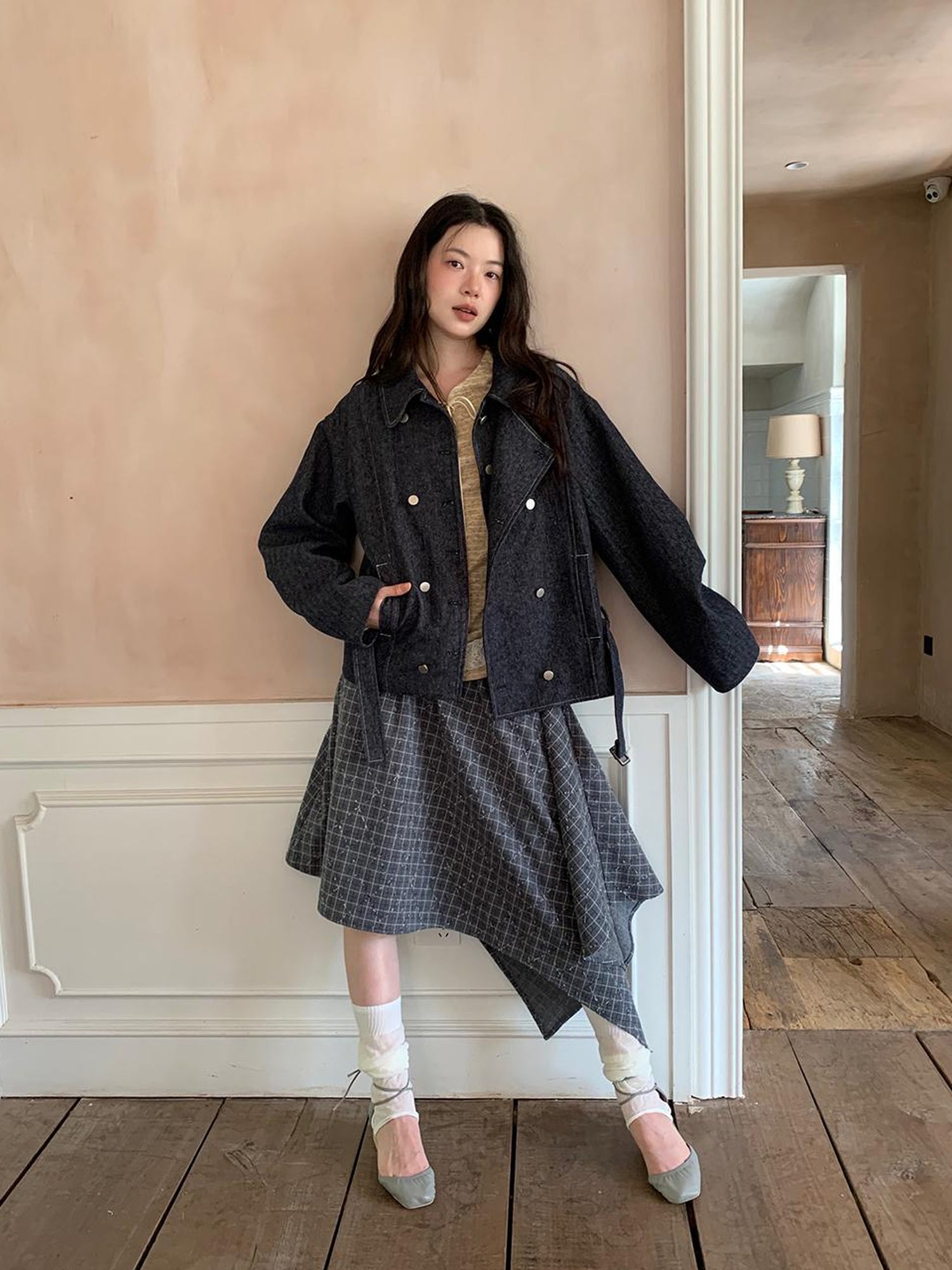 Dorydory Retro Plaid A Line Midi Skirt With Asymmetrical Hem