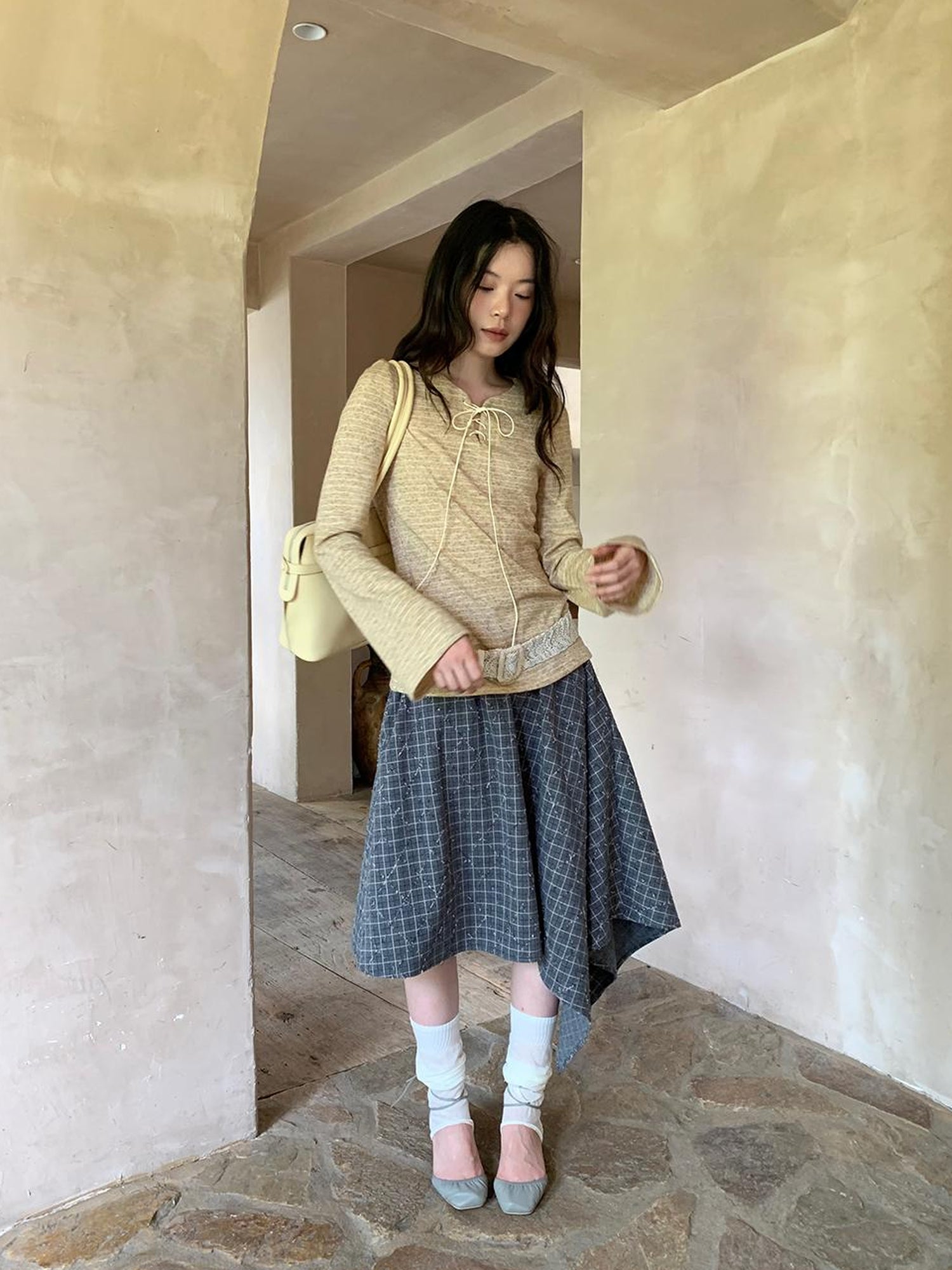 Dorydory Retro Plaid A Line Midi Skirt With Asymmetrical Hem