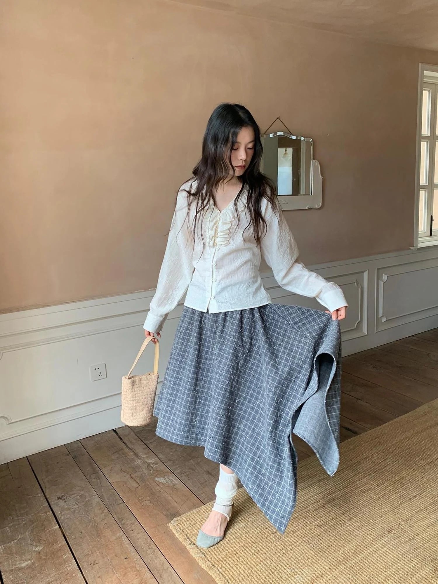 Retro Plaid A Line Midi Skirt With Asymmetrical Hem