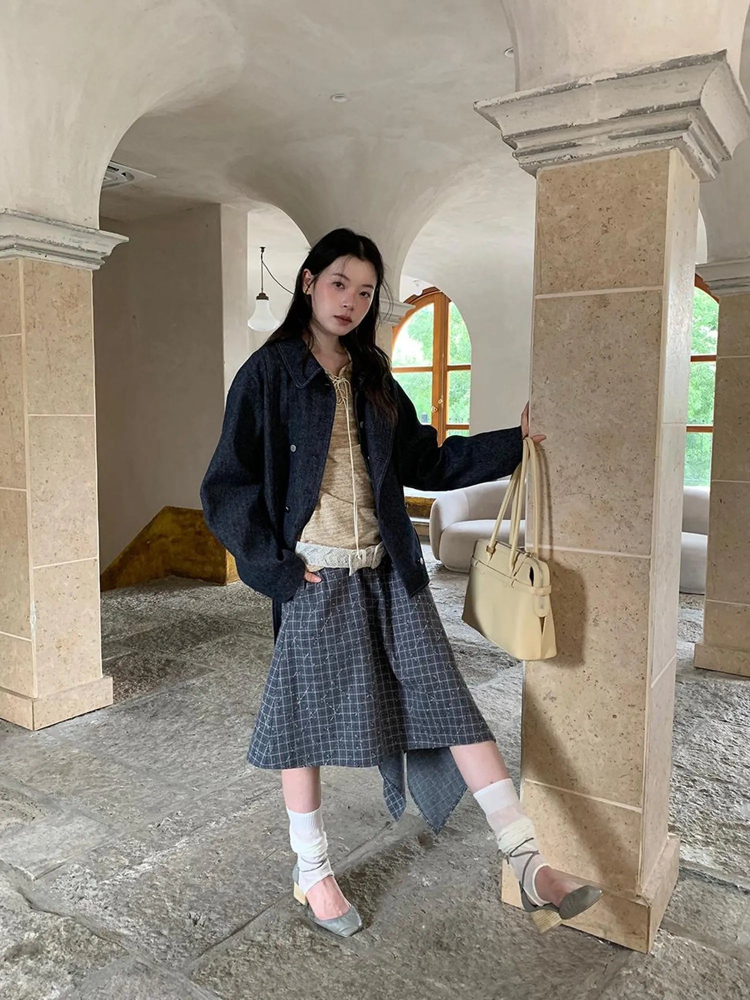 Retro Plaid A Line Midi Skirt With Asymmetrical Hem