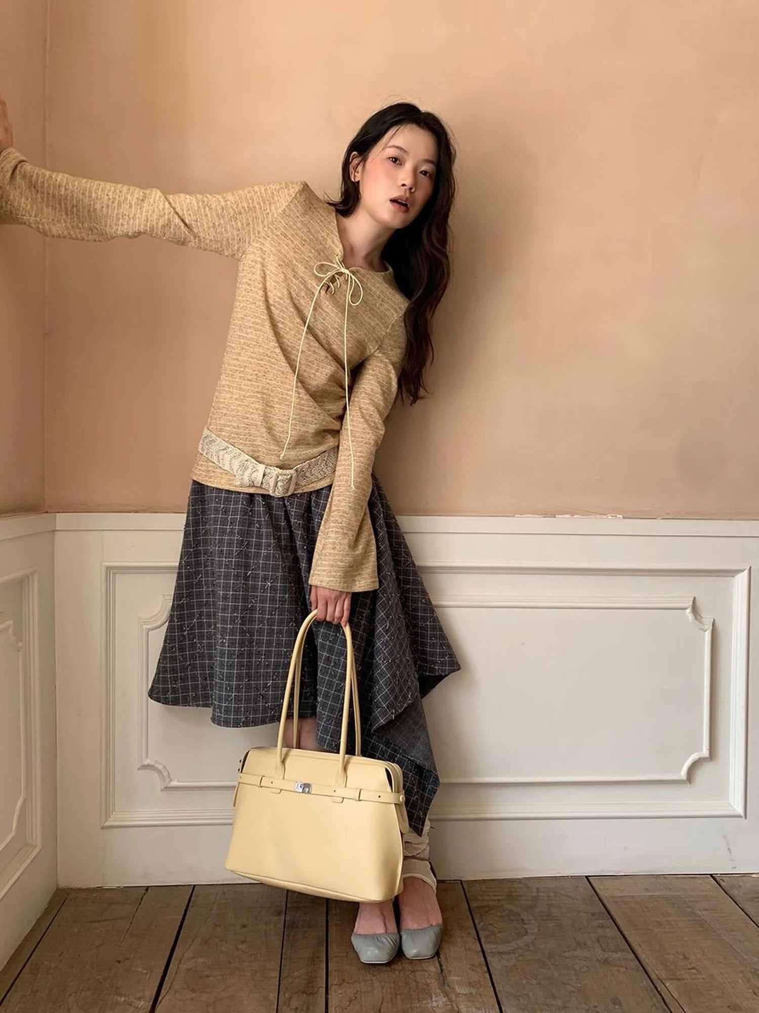 Retro Plaid A Line Midi Skirt With Asymmetrical Hem