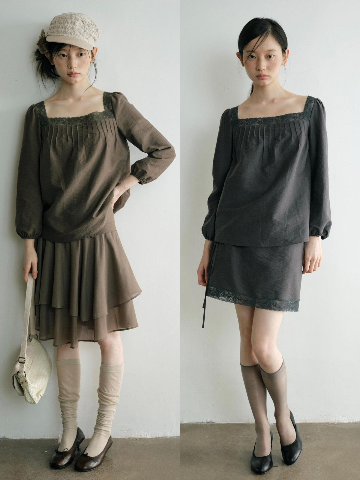 Dorydory Retro Square Neck Lace Trim Long Sleeve Loose Fit Women&