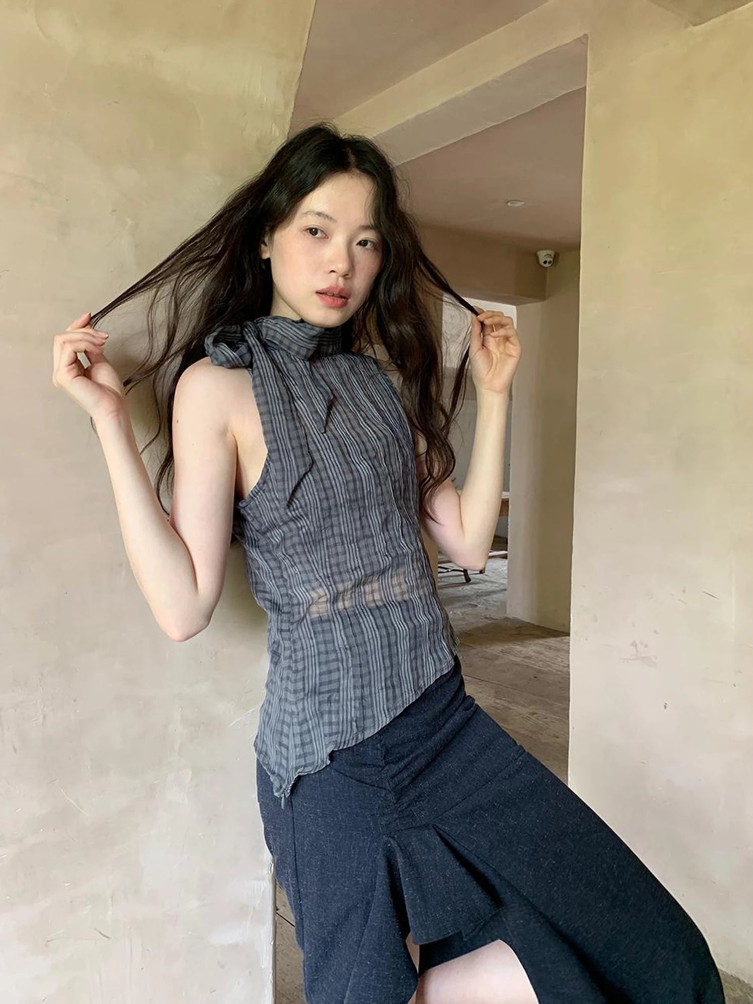 Sheer Checked High Neck Sleeveless Vest