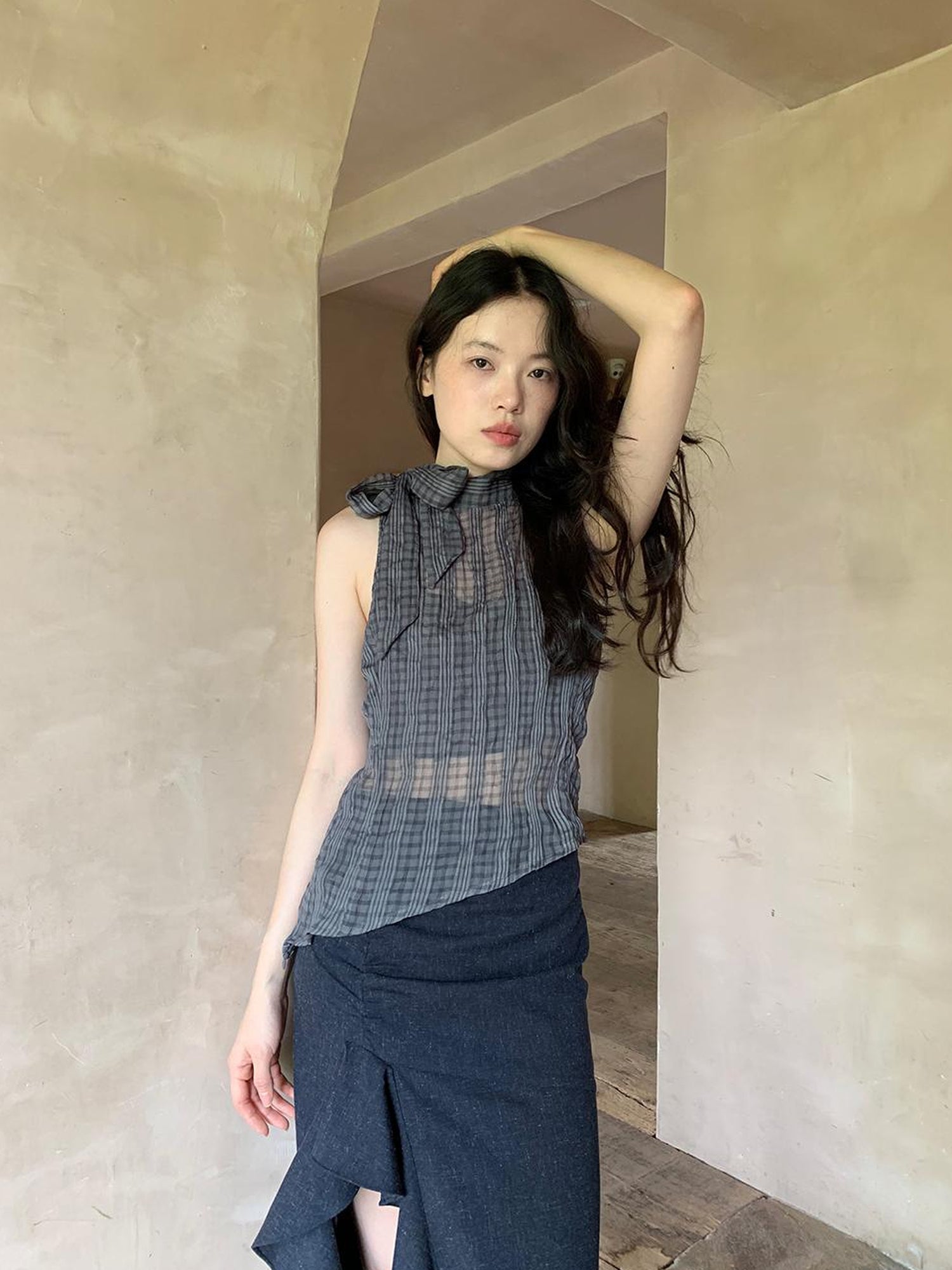 Dorydory Sheer Checked High Neck Sleeveless Vest