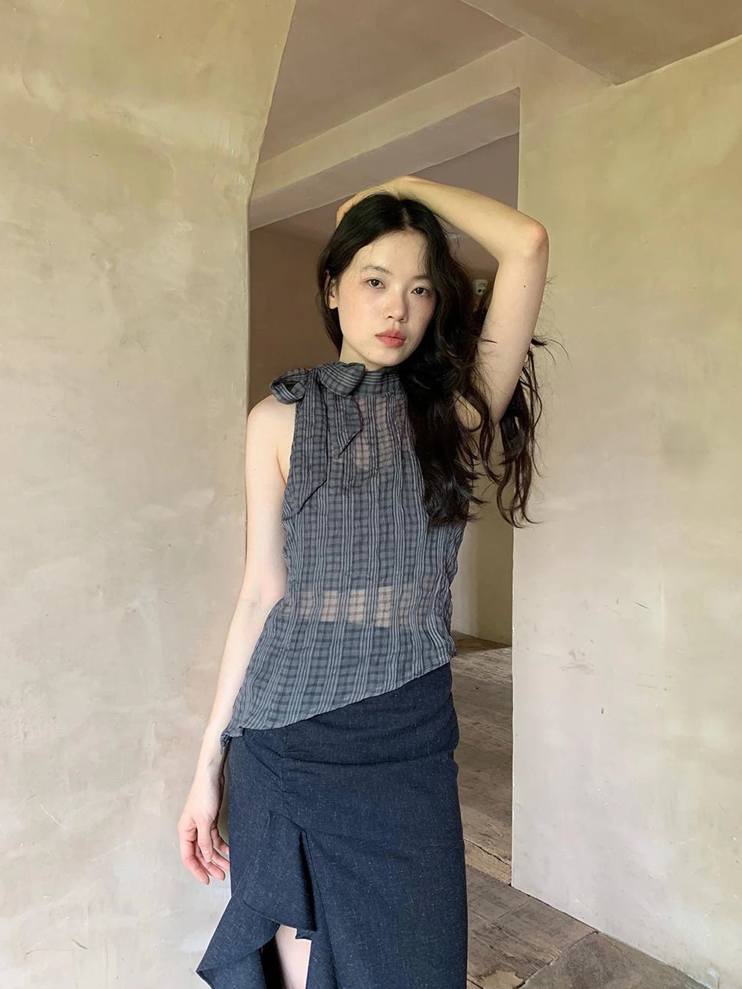 Sheer Checked High Neck Sleeveless Vest