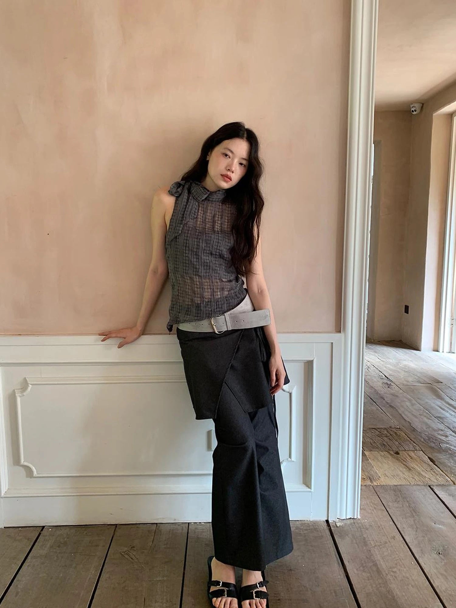 Sheer Checked High Neck Sleeveless Vest