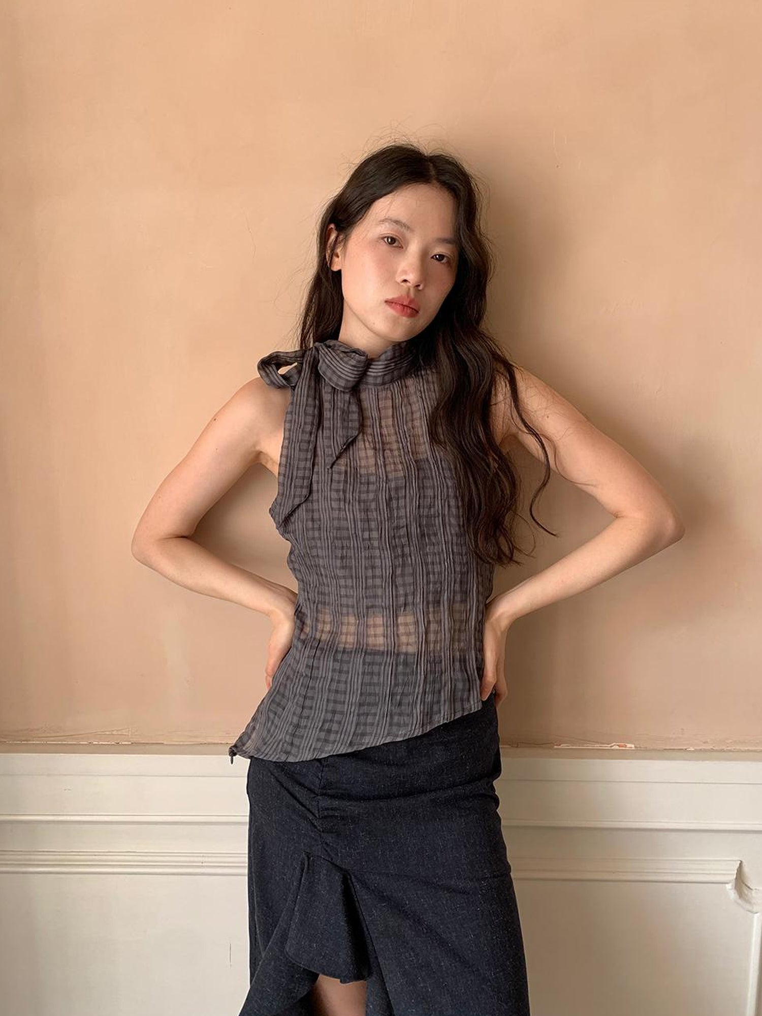 Dorydory Sheer Checked High Neck Sleeveless Vest