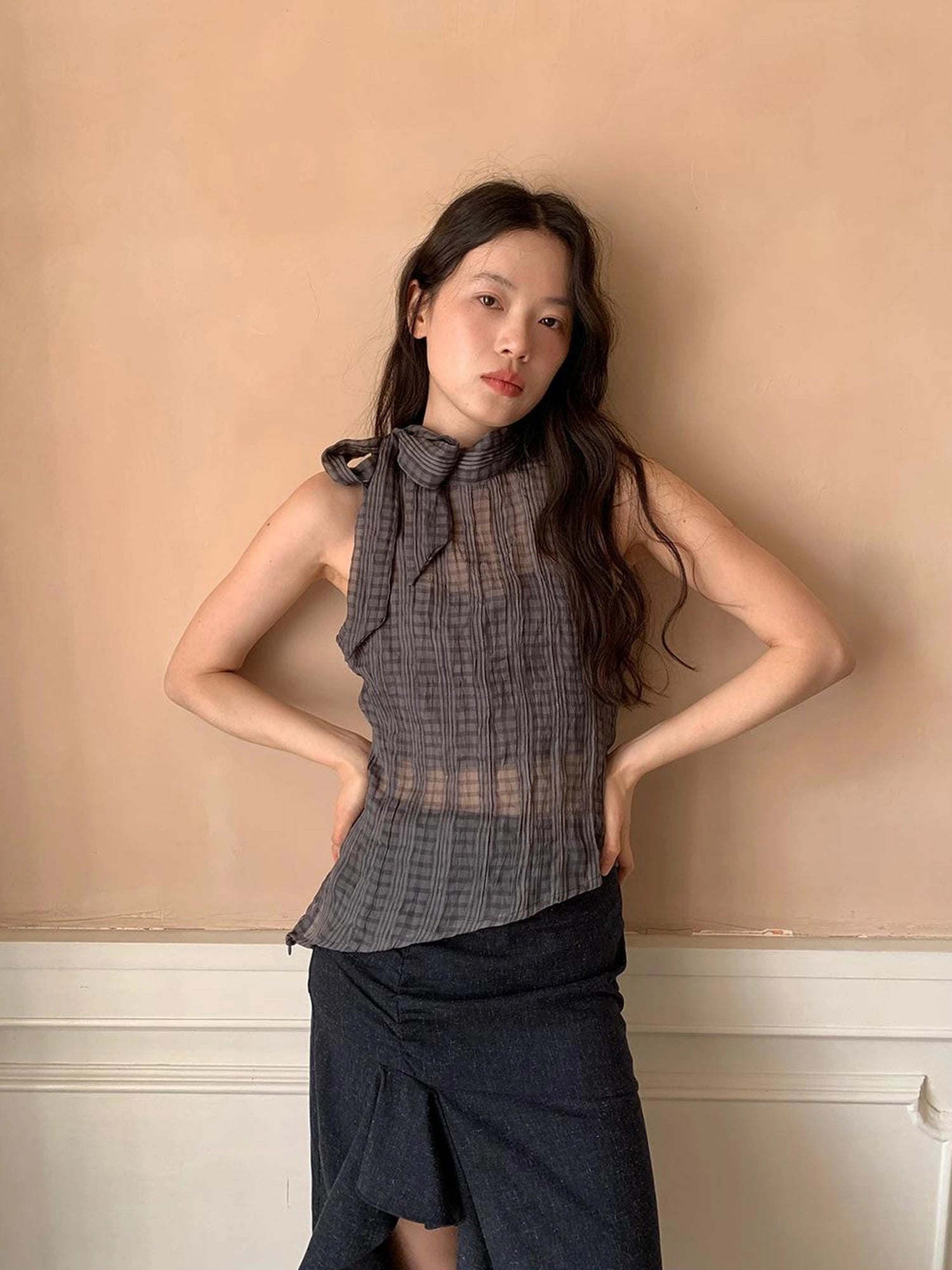 Sheer Checked High Neck Sleeveless Vest