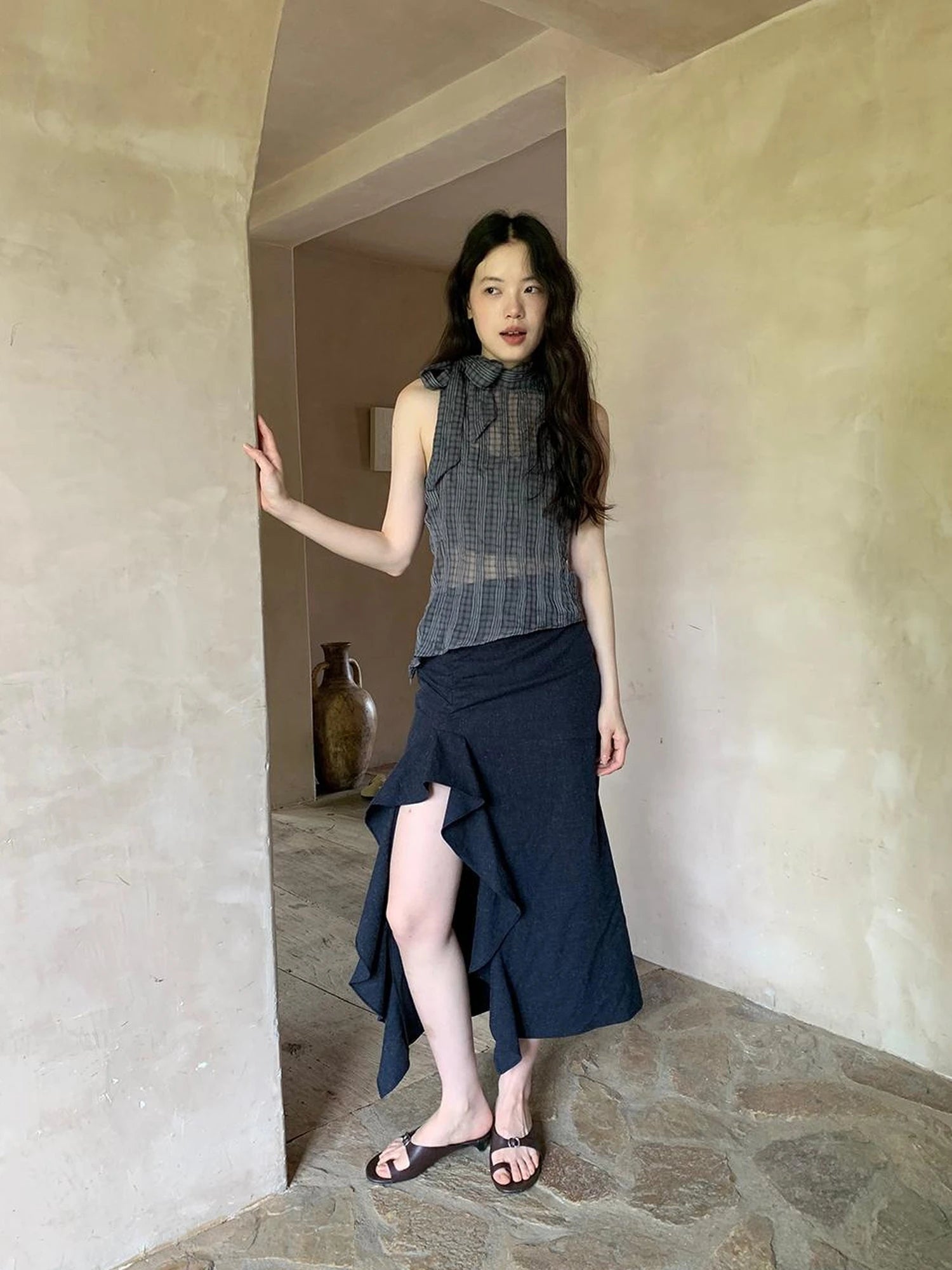 Sheer Checked High Neck Sleeveless Vest