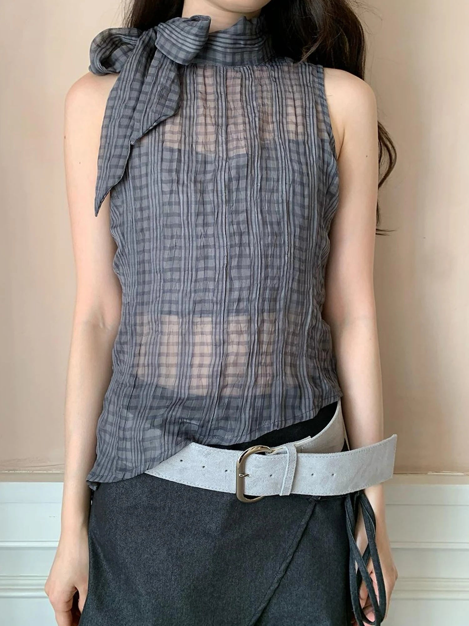 Sheer Checked High Neck Sleeveless Vest