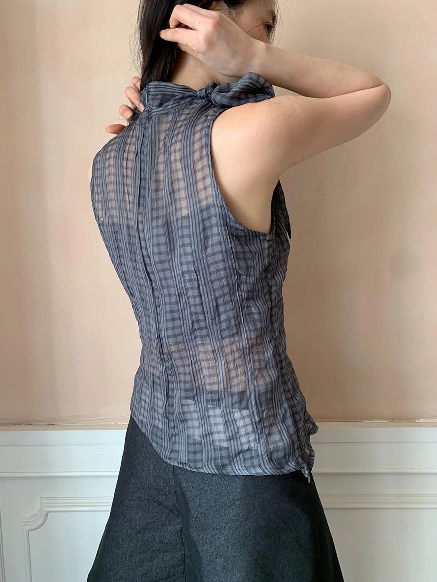 Sheer Checked High Neck Sleeveless Vest