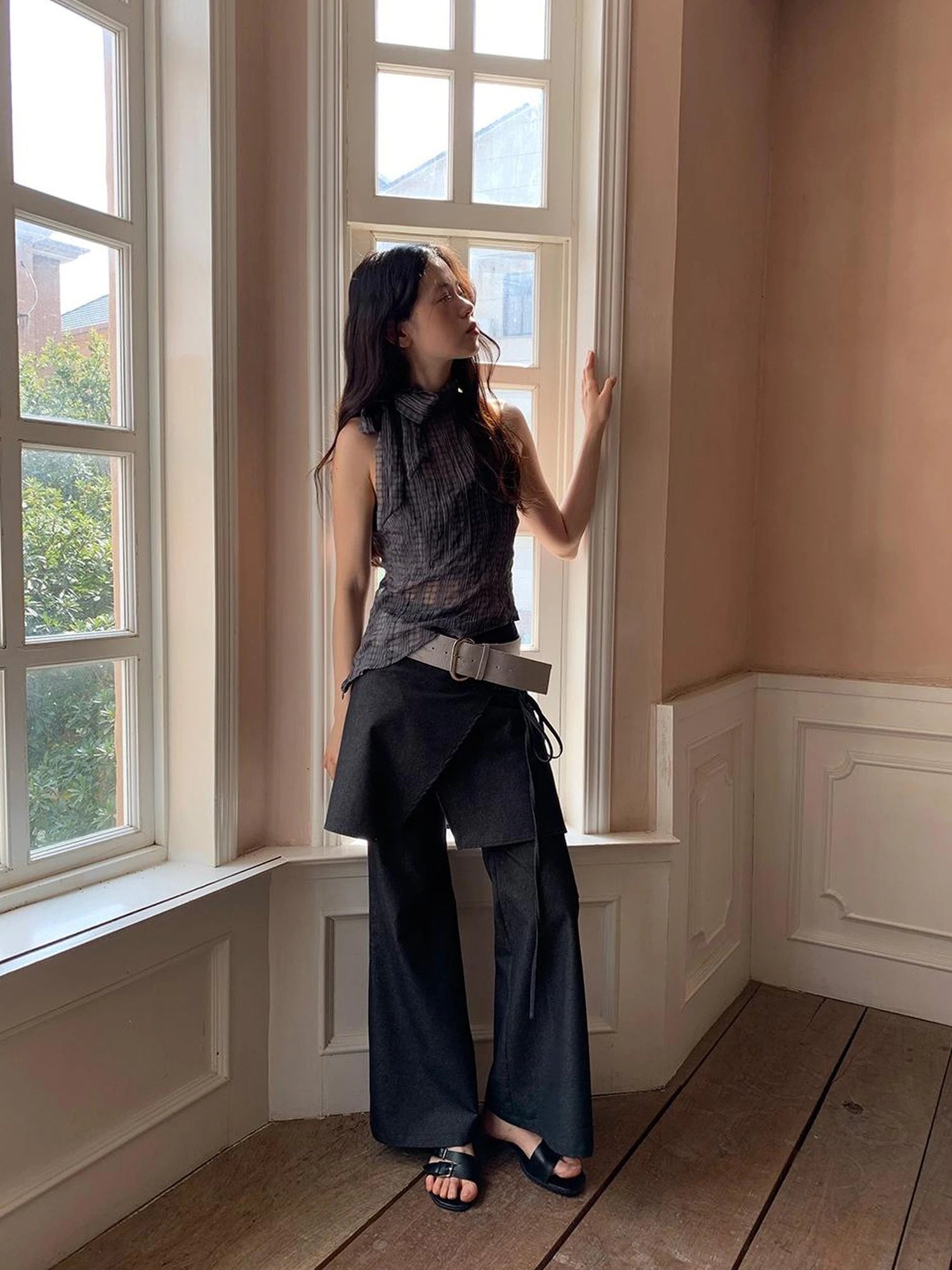 Sheer Checked High Neck Sleeveless Vest