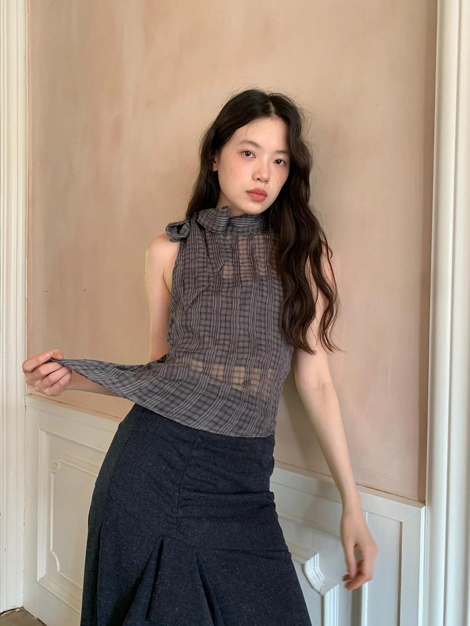 Sheer Checked High Neck Sleeveless Vest