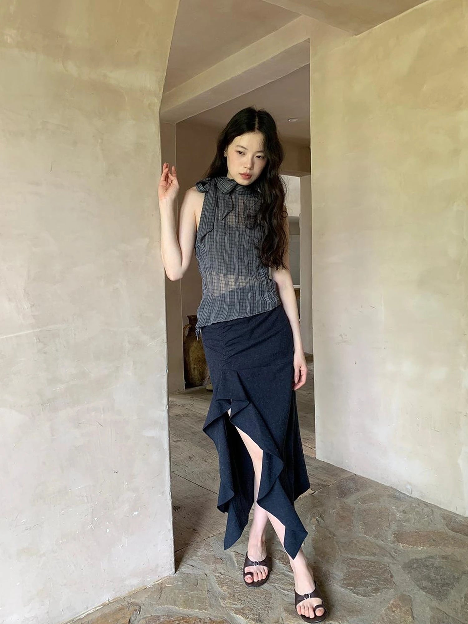 Sheer Checked High Neck Sleeveless Vest