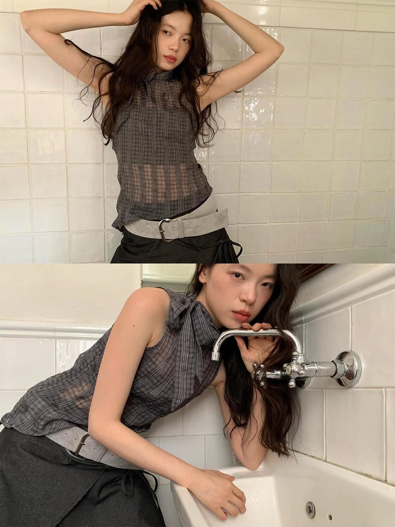 Sheer Checked High Neck Sleeveless Vest