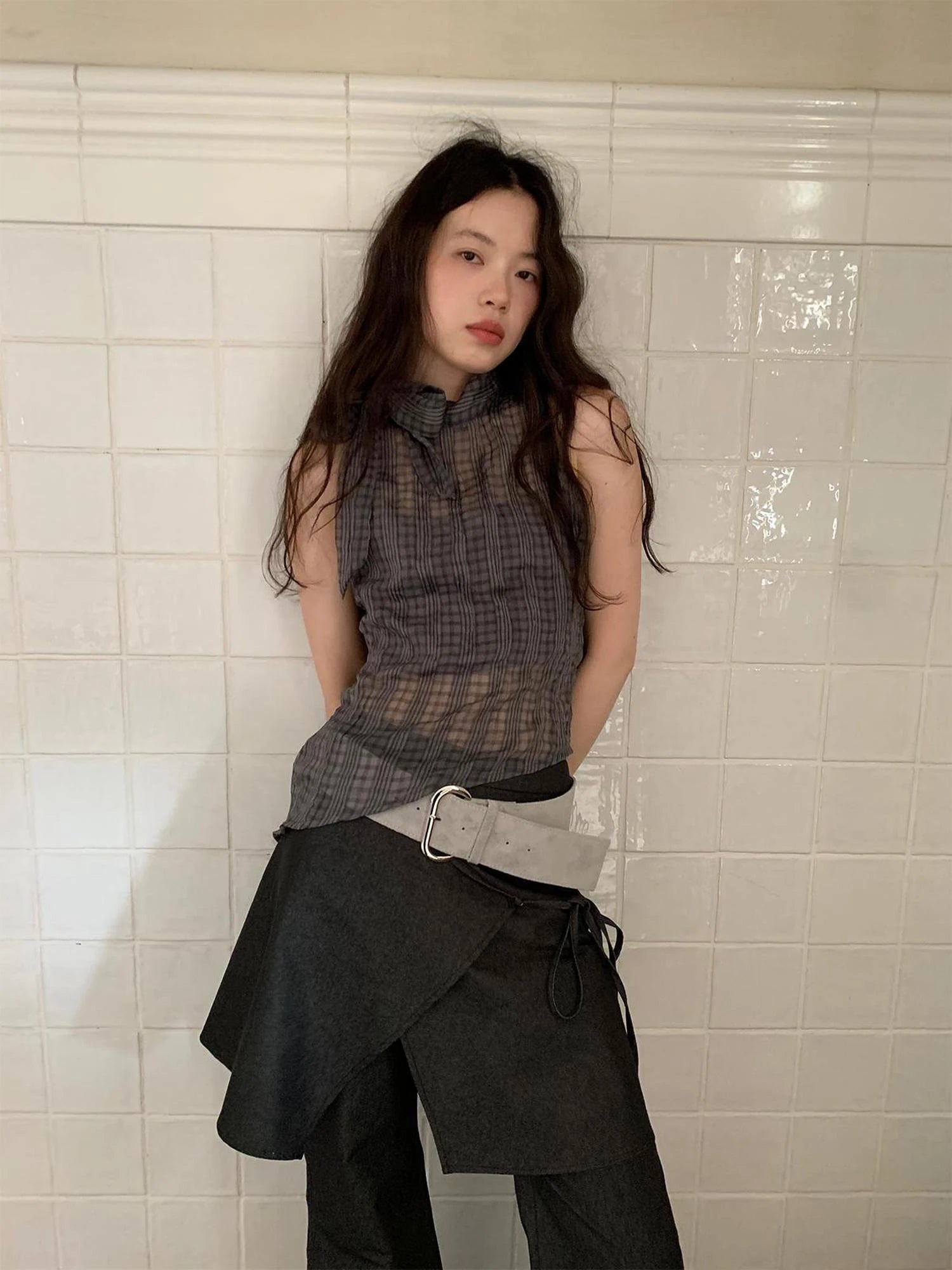 Sheer Checked High Neck Sleeveless Vest