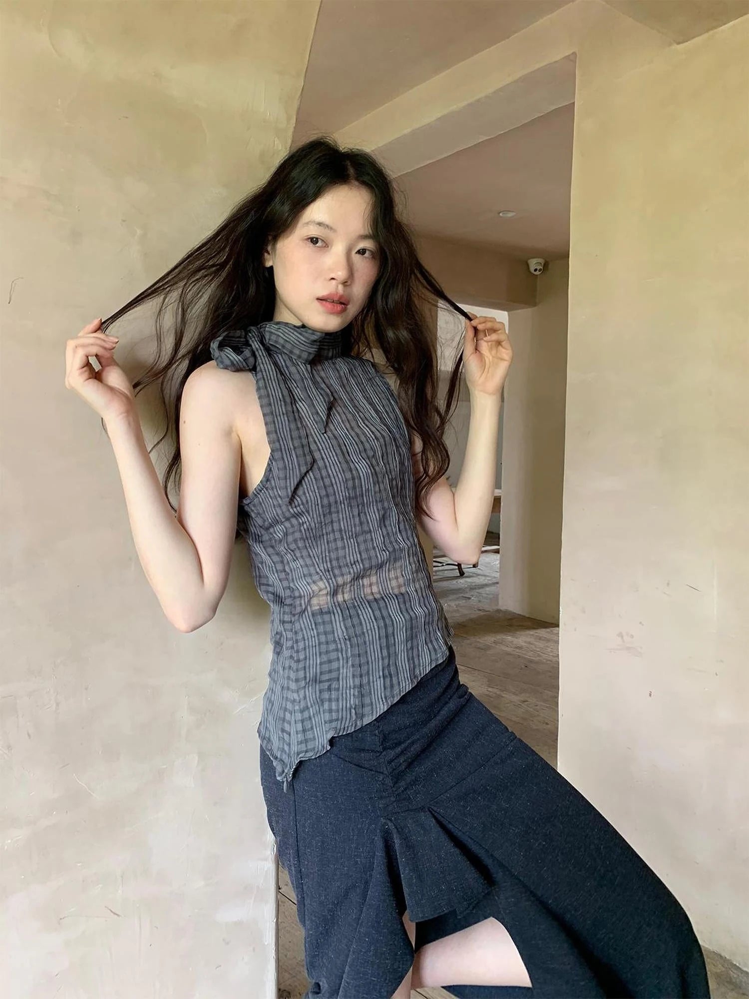 Sheer Checked High Neck Sleeveless Vest