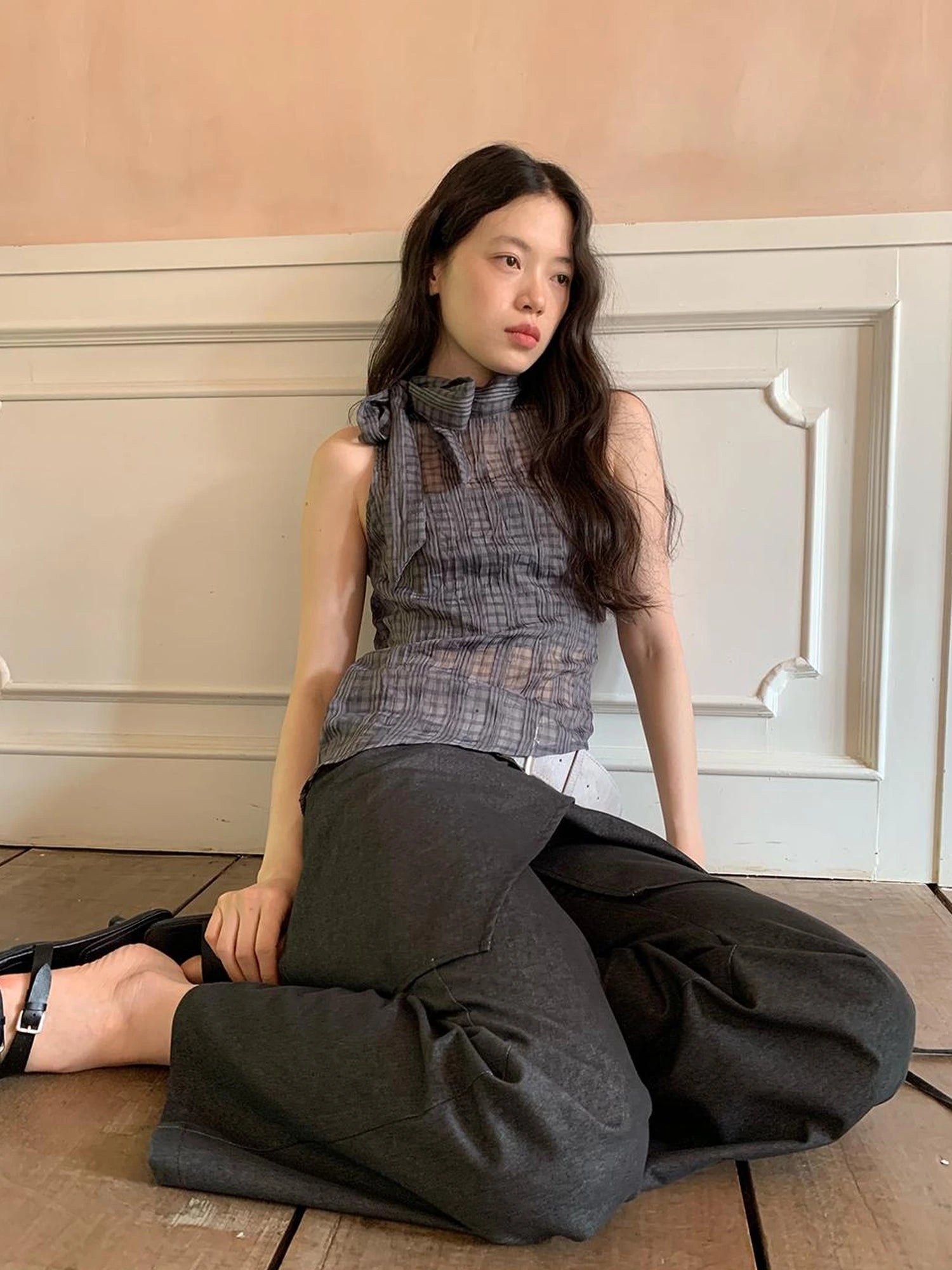 Sheer Checked High Neck Sleeveless Vest