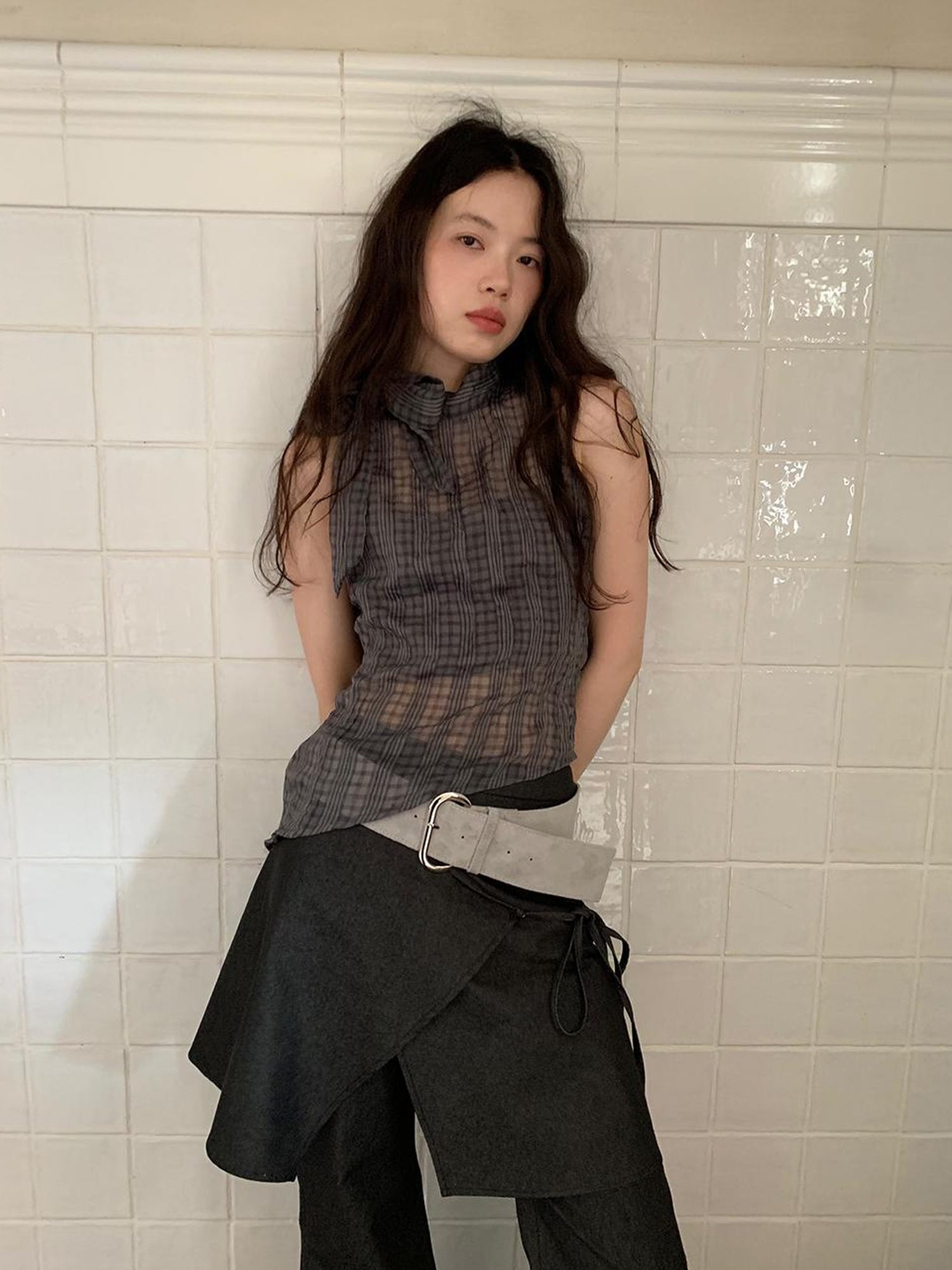 Dorydory Sheer Checked High Neck Sleeveless Vest