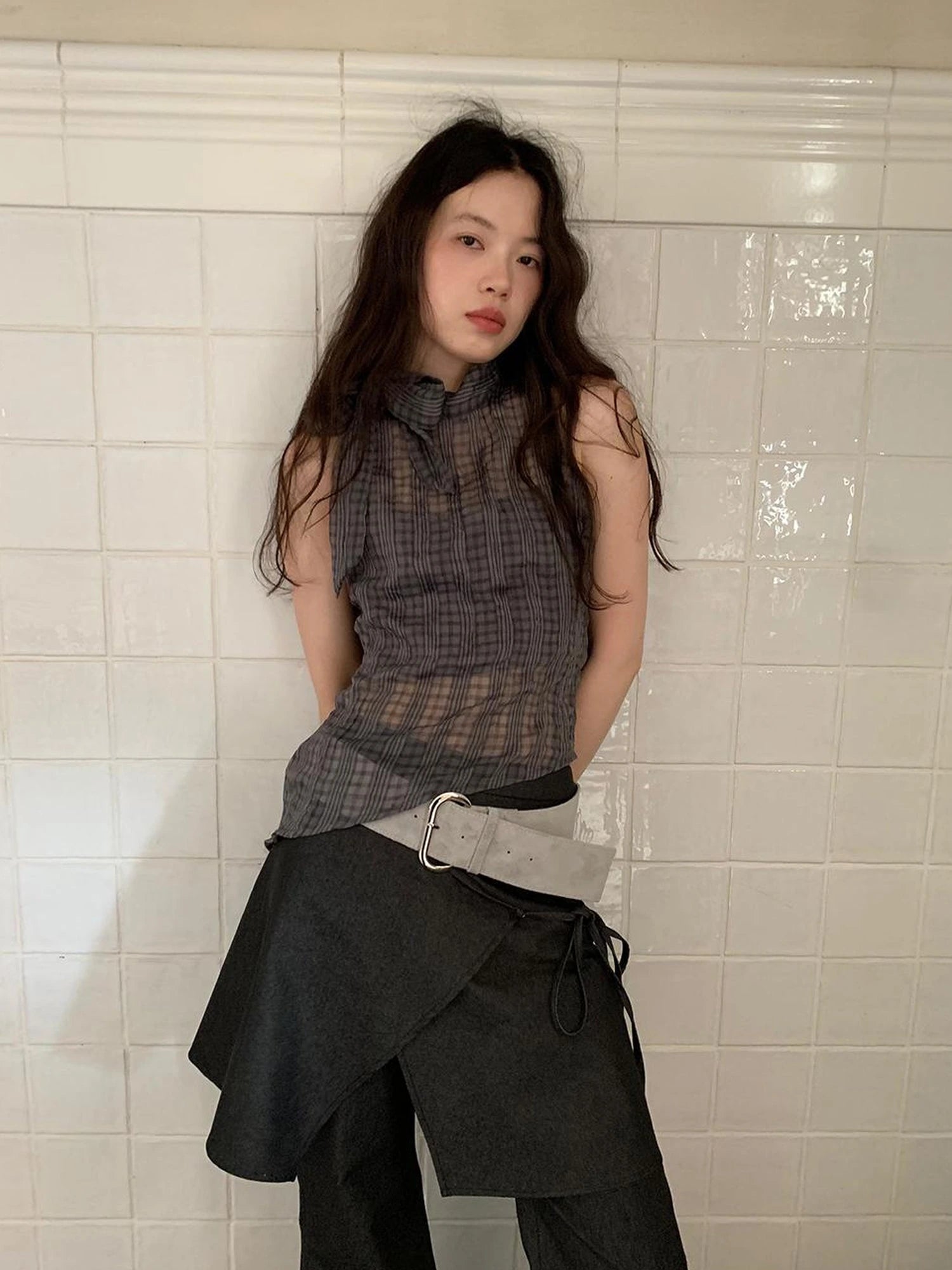 Sheer Checked High Neck Sleeveless Vest