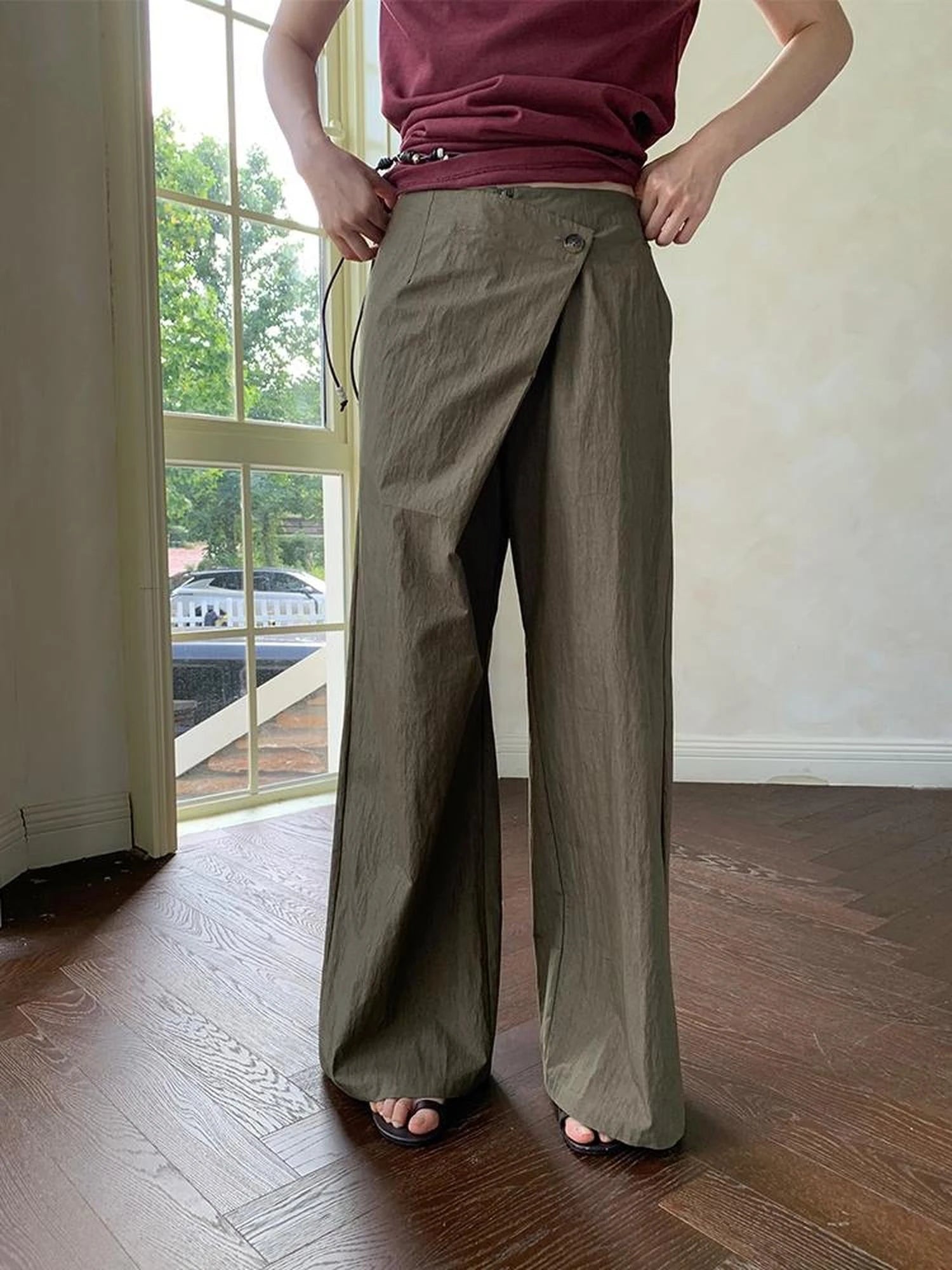 Slant Placket Wide Leg Paper Touch Trousers