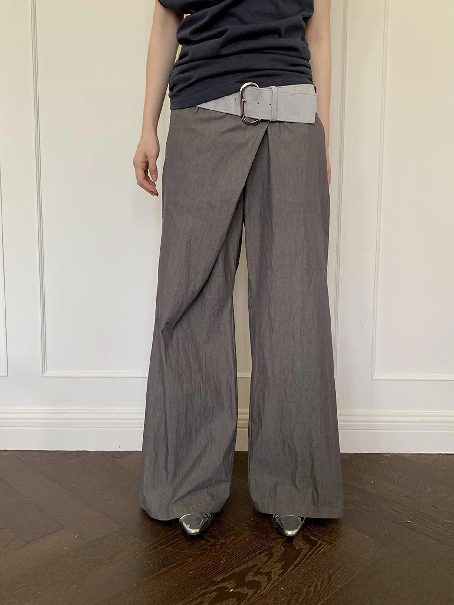 Slant Placket Wide Leg Paper Touch Trousers