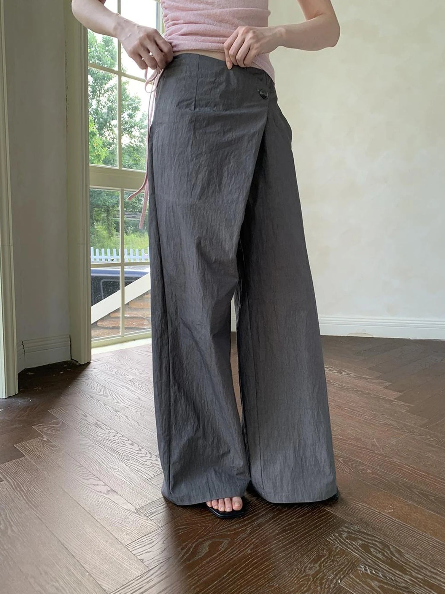 Slant Placket Wide Leg Paper Touch Trousers