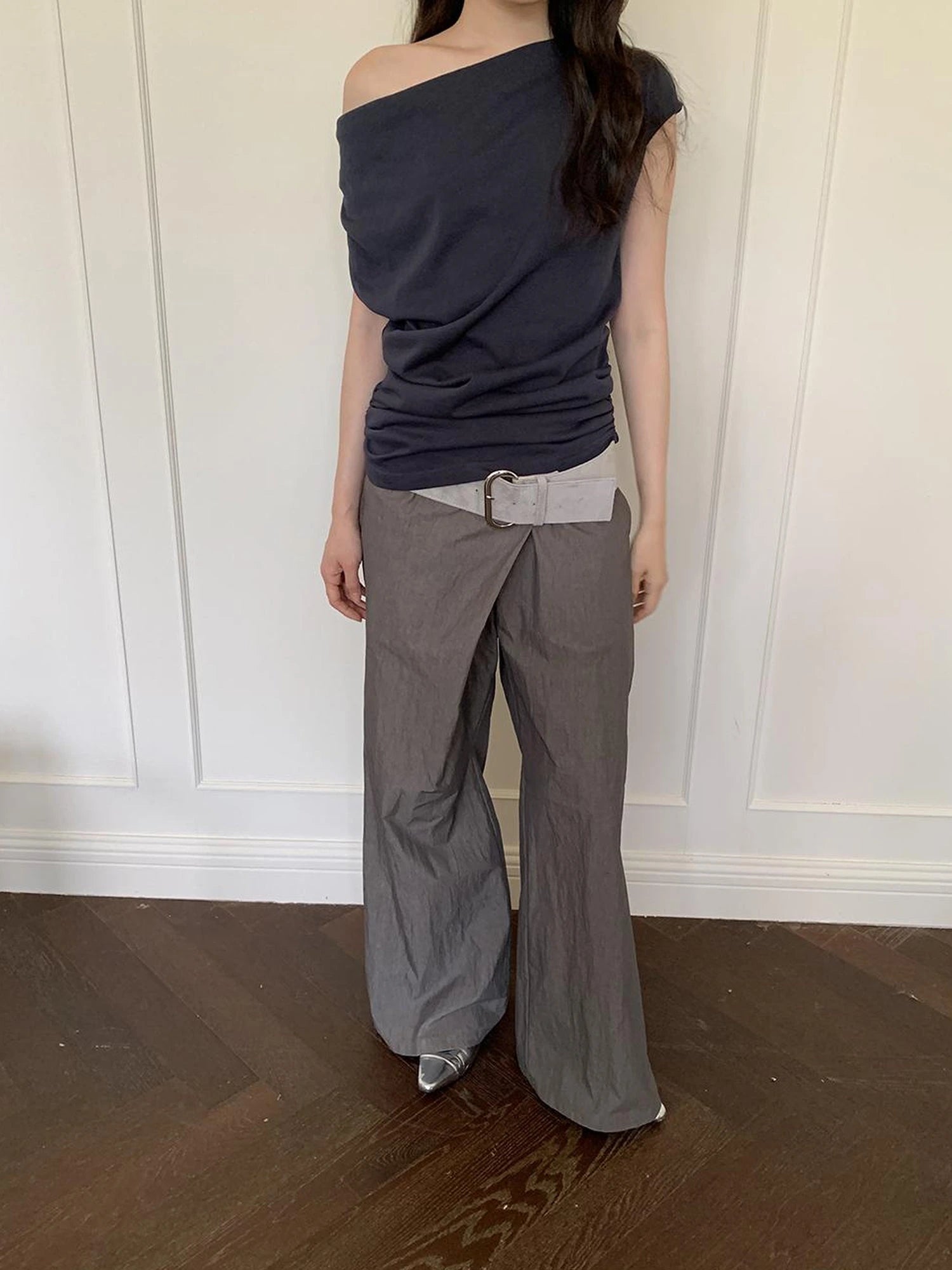 Slant Placket Wide Leg Paper Touch Trousers