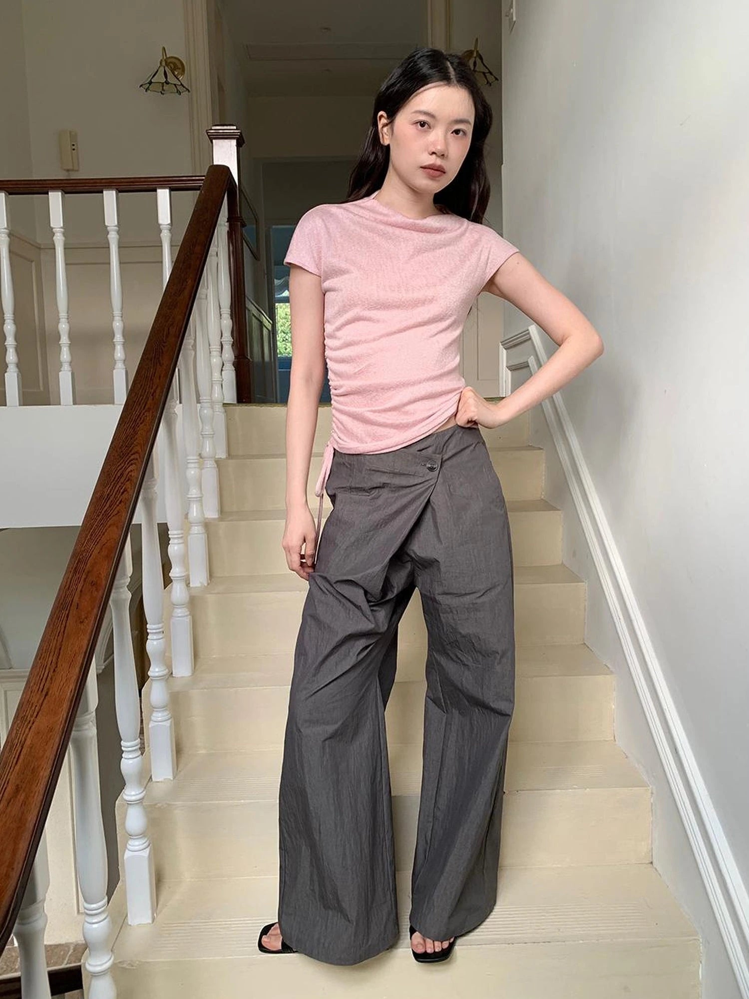 Slant Placket Wide Leg Paper Touch Trousers