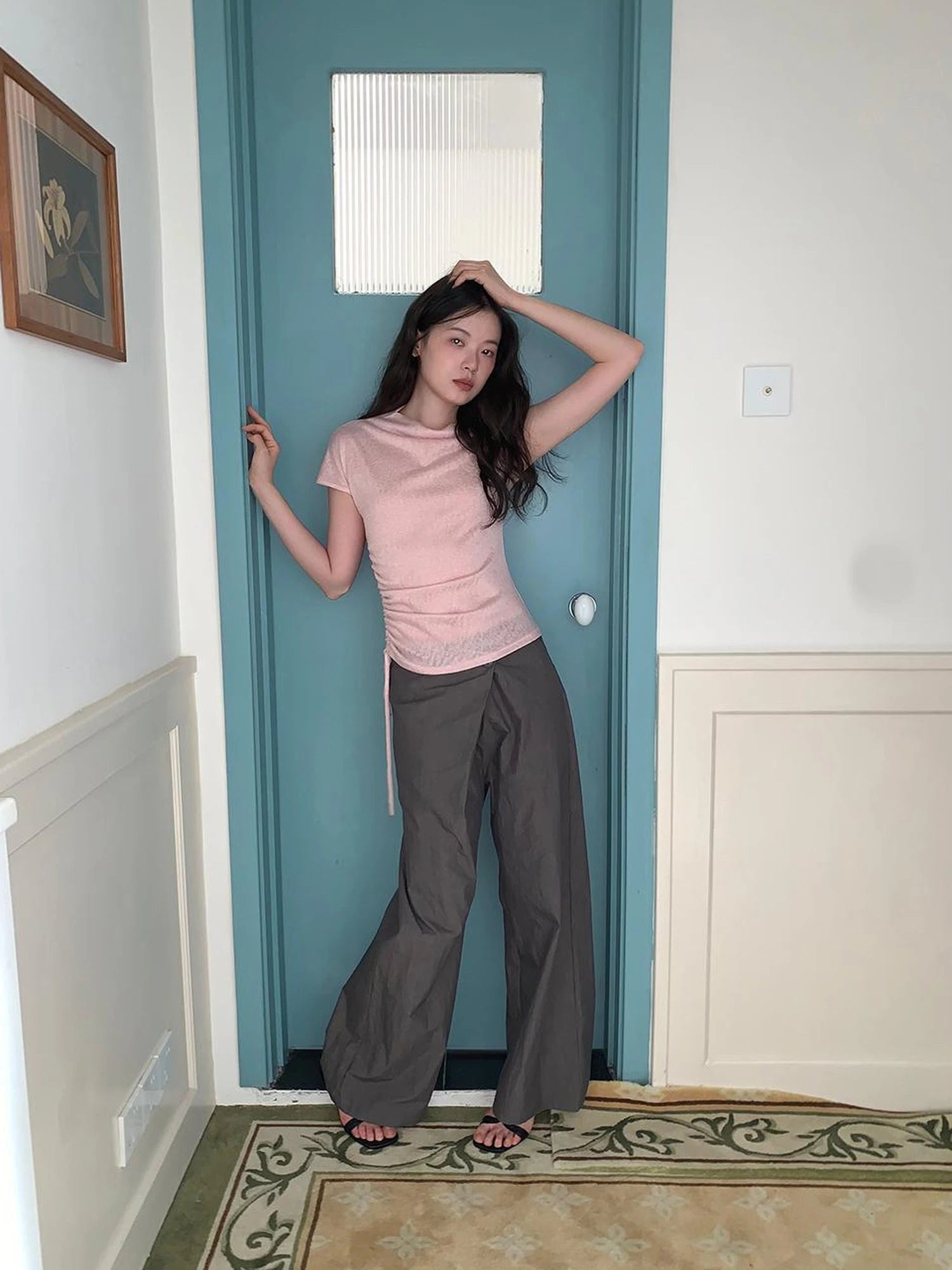 Slant Placket Wide Leg Paper Touch Trousers