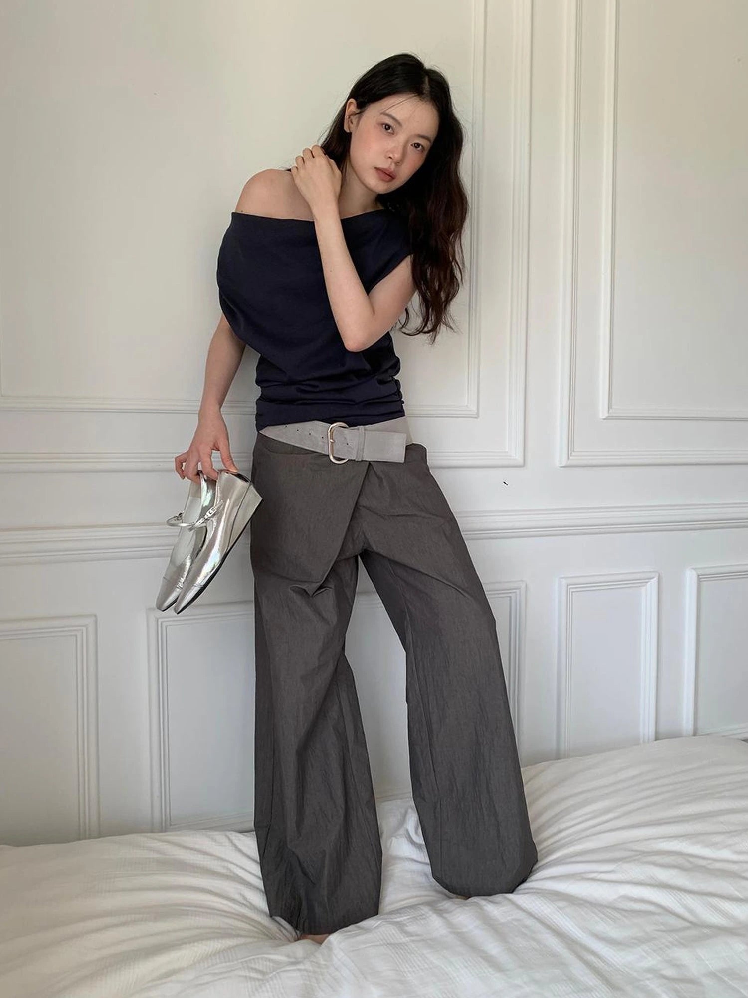 Slant Placket Wide Leg Paper Touch Trousers