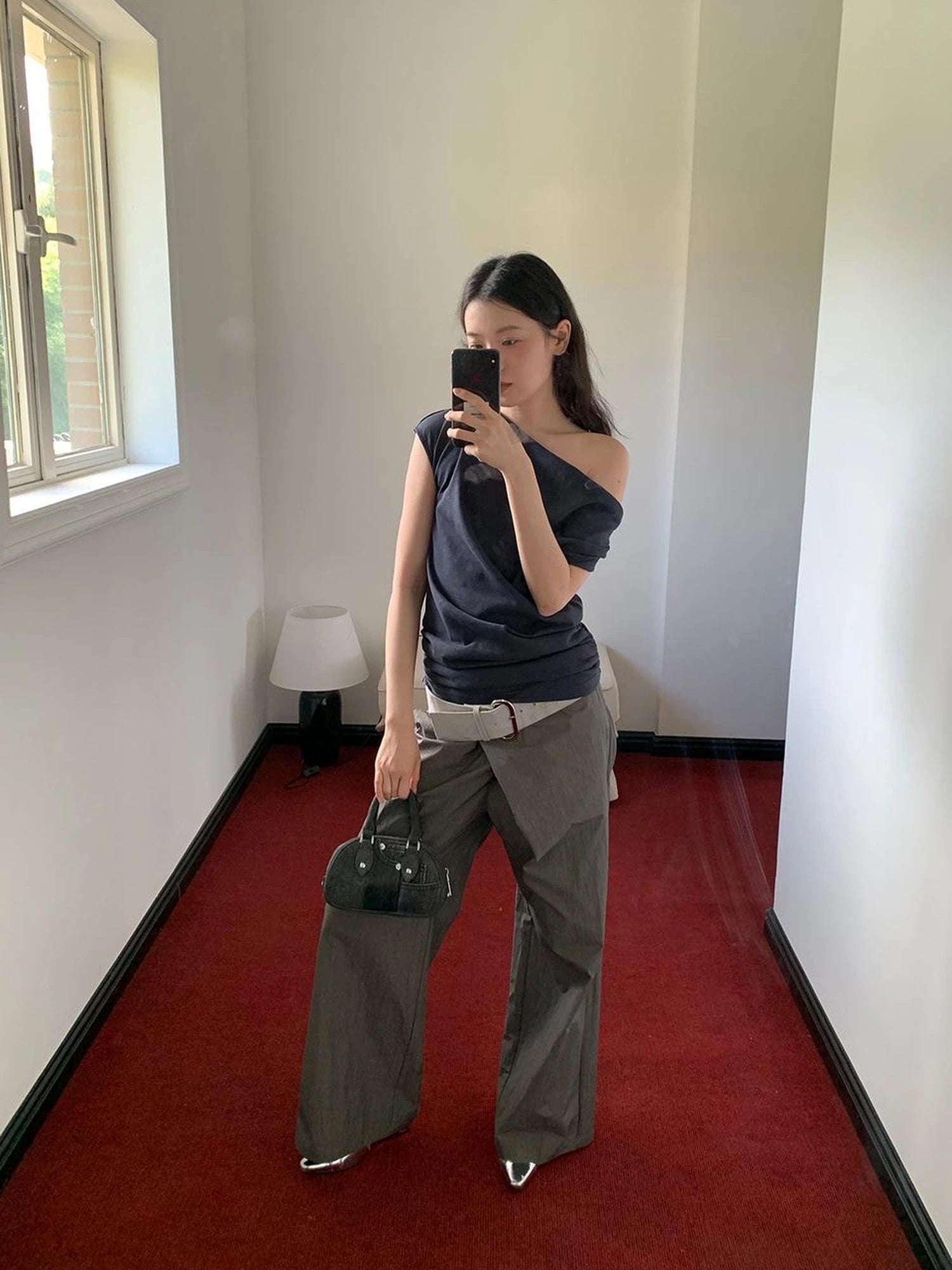 Slant Placket Wide Leg Paper Touch Trousers