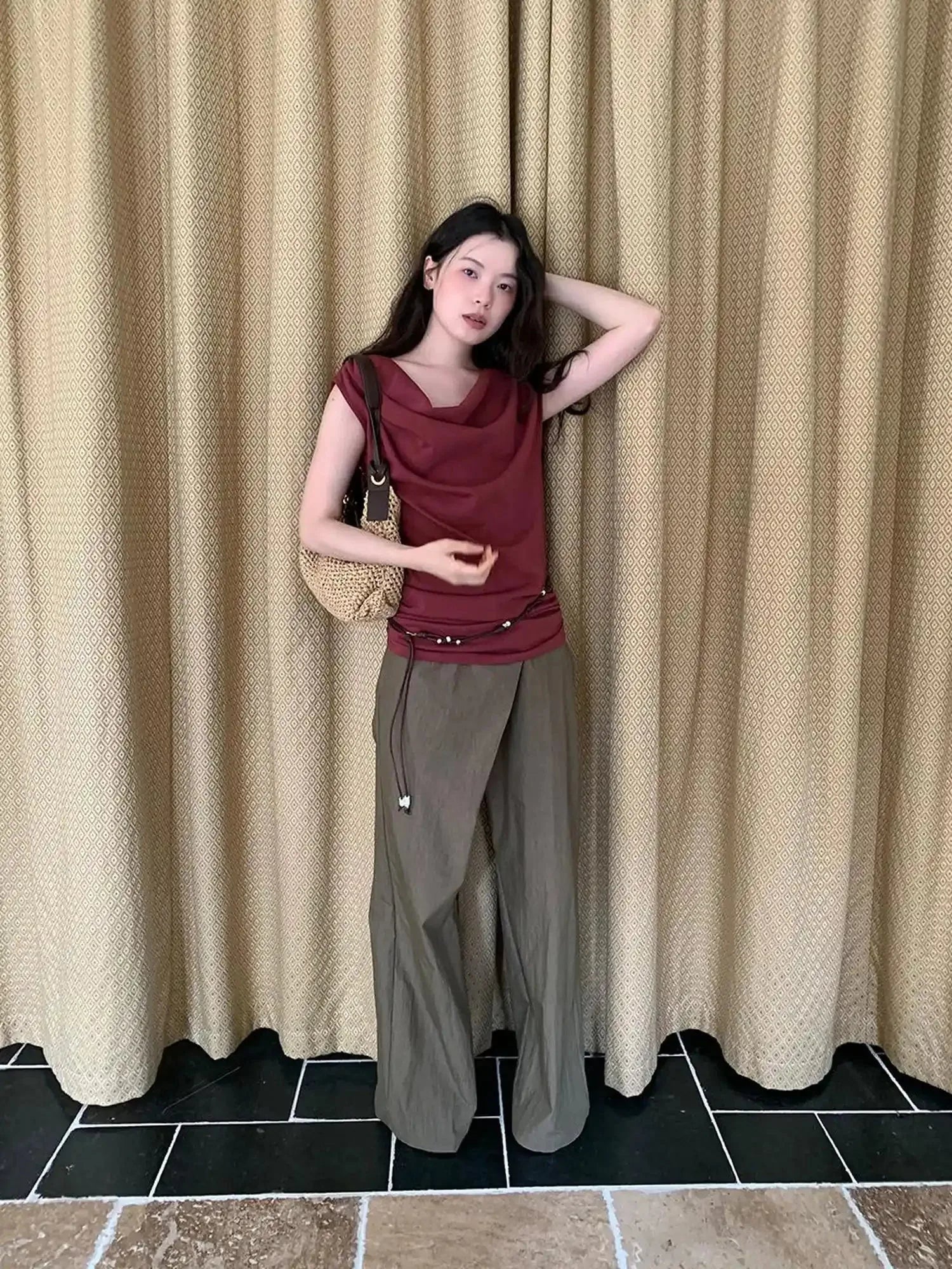 Slant Placket Wide Leg Paper Touch Trousers