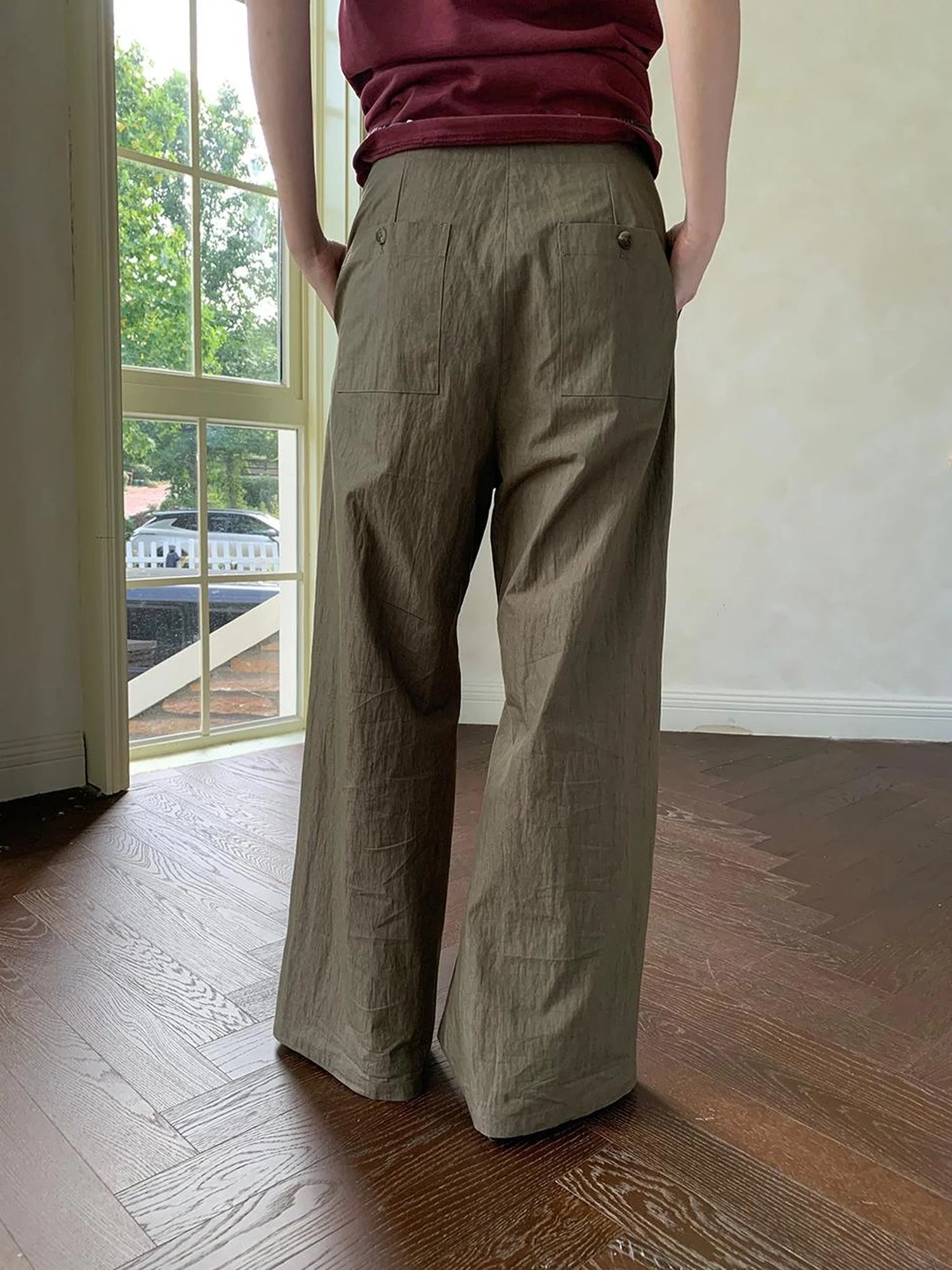 Slant Placket Wide Leg Paper Touch Trousers