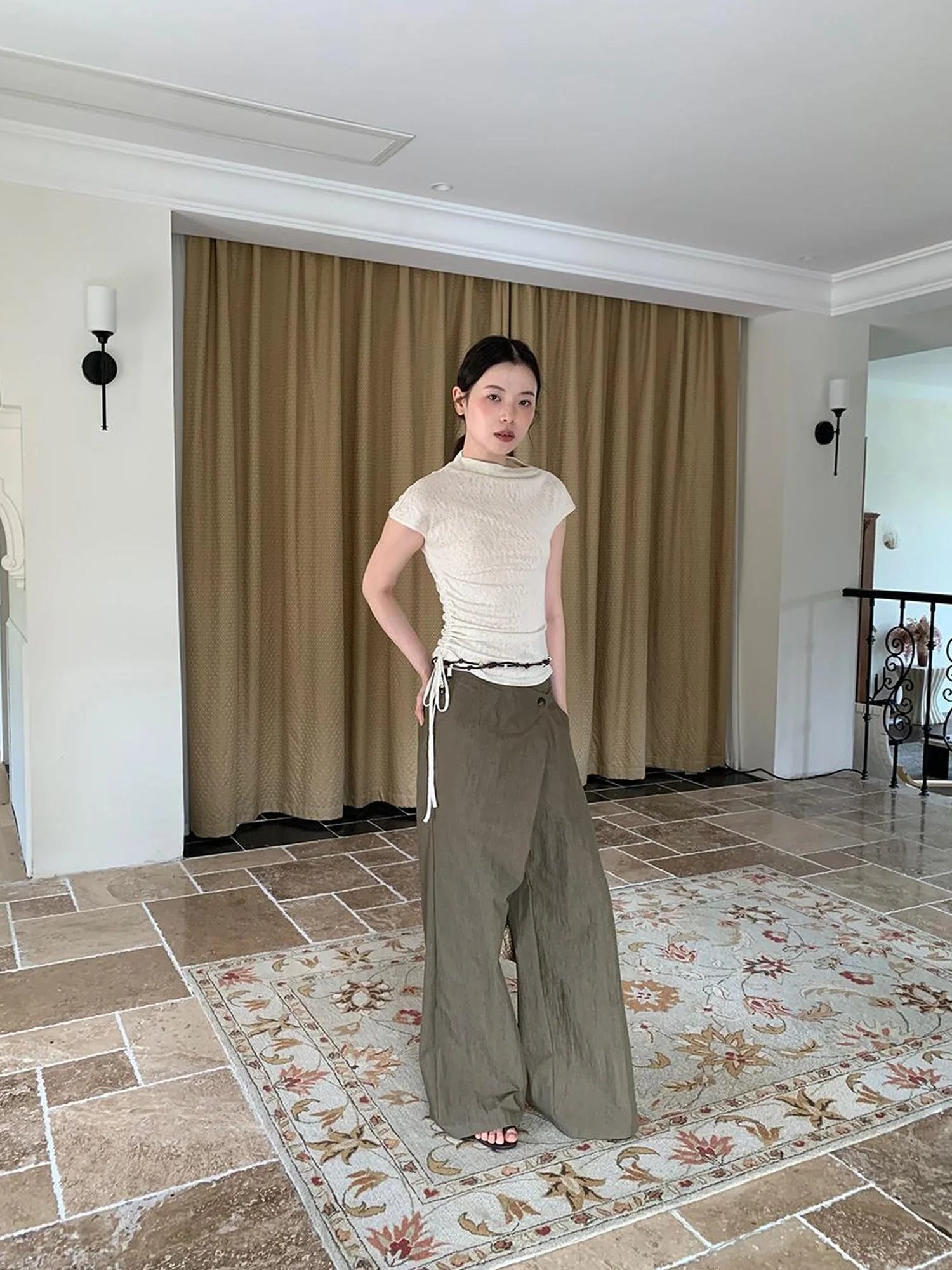 Slant Placket Wide Leg Paper Touch Trousers