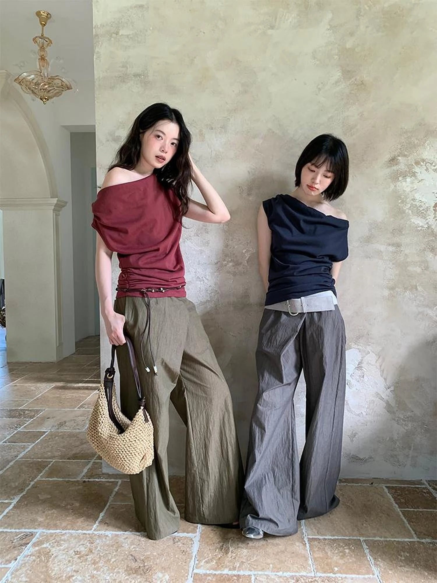 Slant Placket Wide Leg Paper Touch Trousers