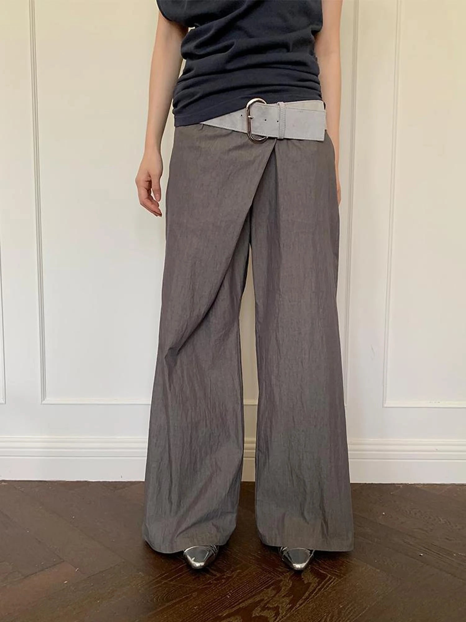 Slant Placket Wide Leg Paper Touch Trousers