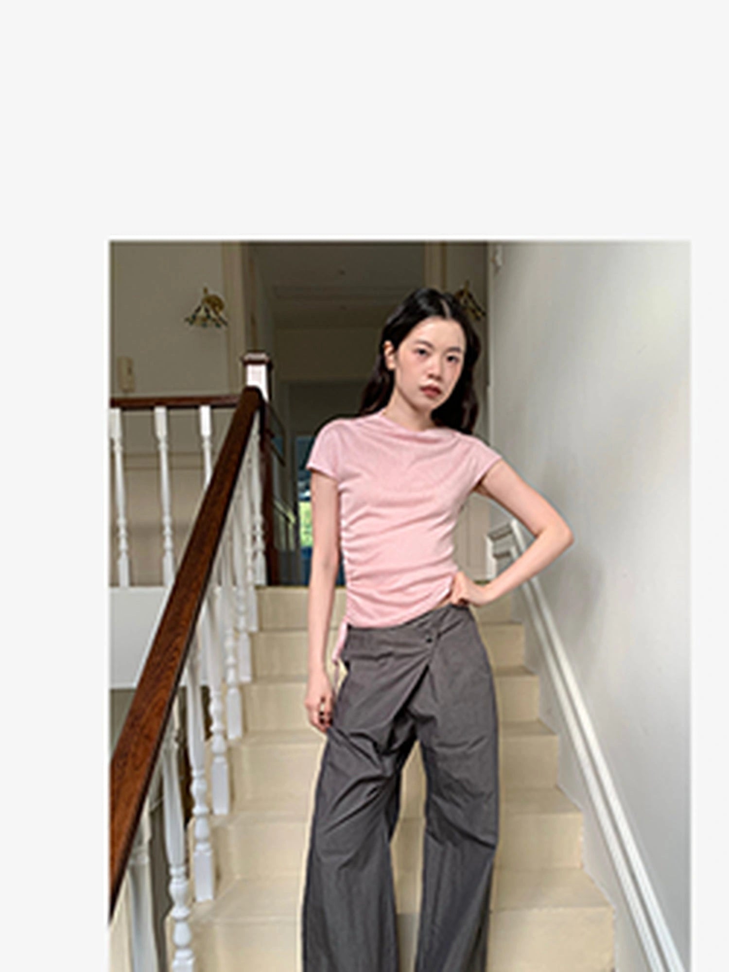 Slant Placket Wide Leg Paper Touch Trousers