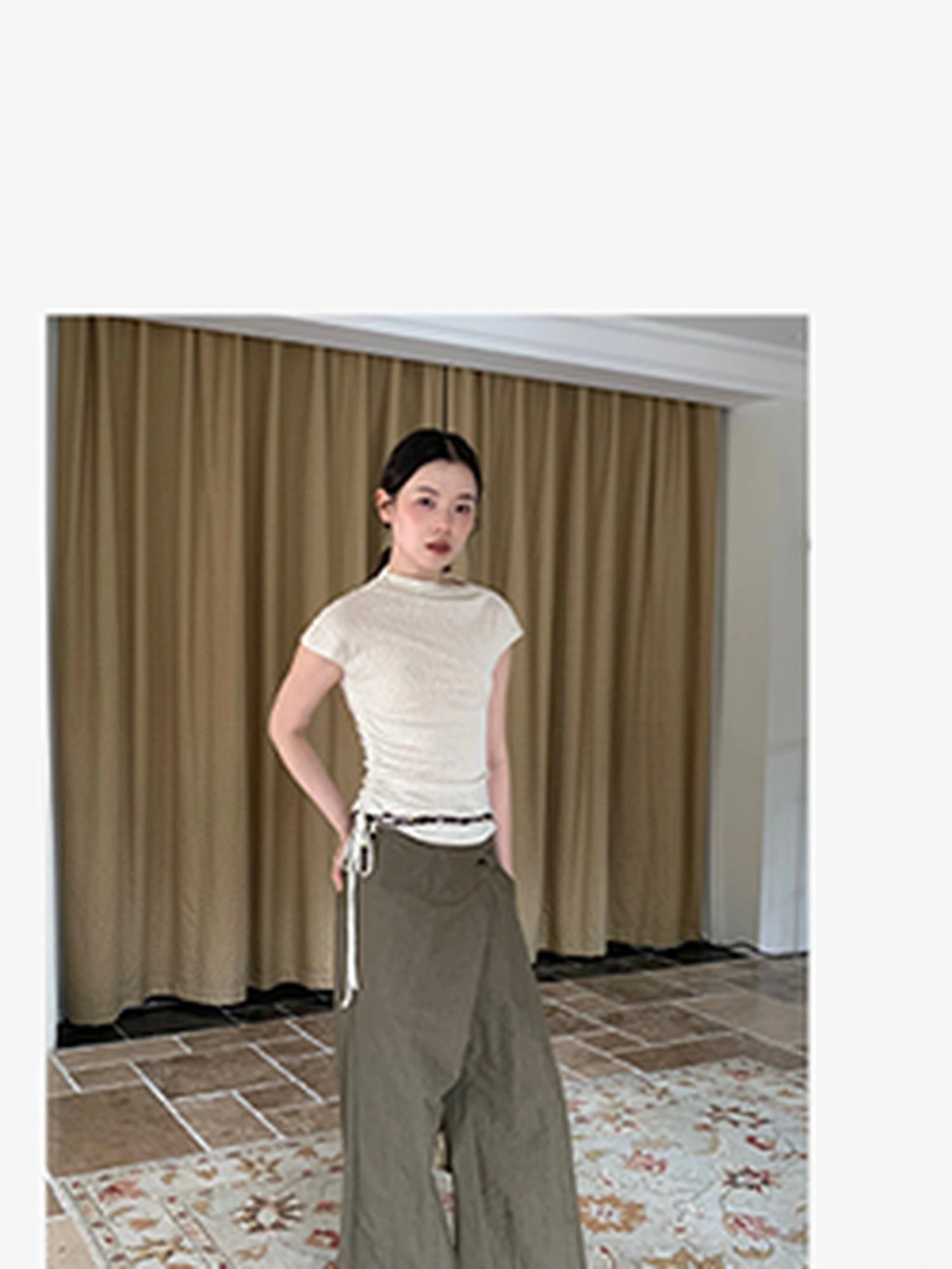 Slant Placket Wide Leg Paper Touch Trousers