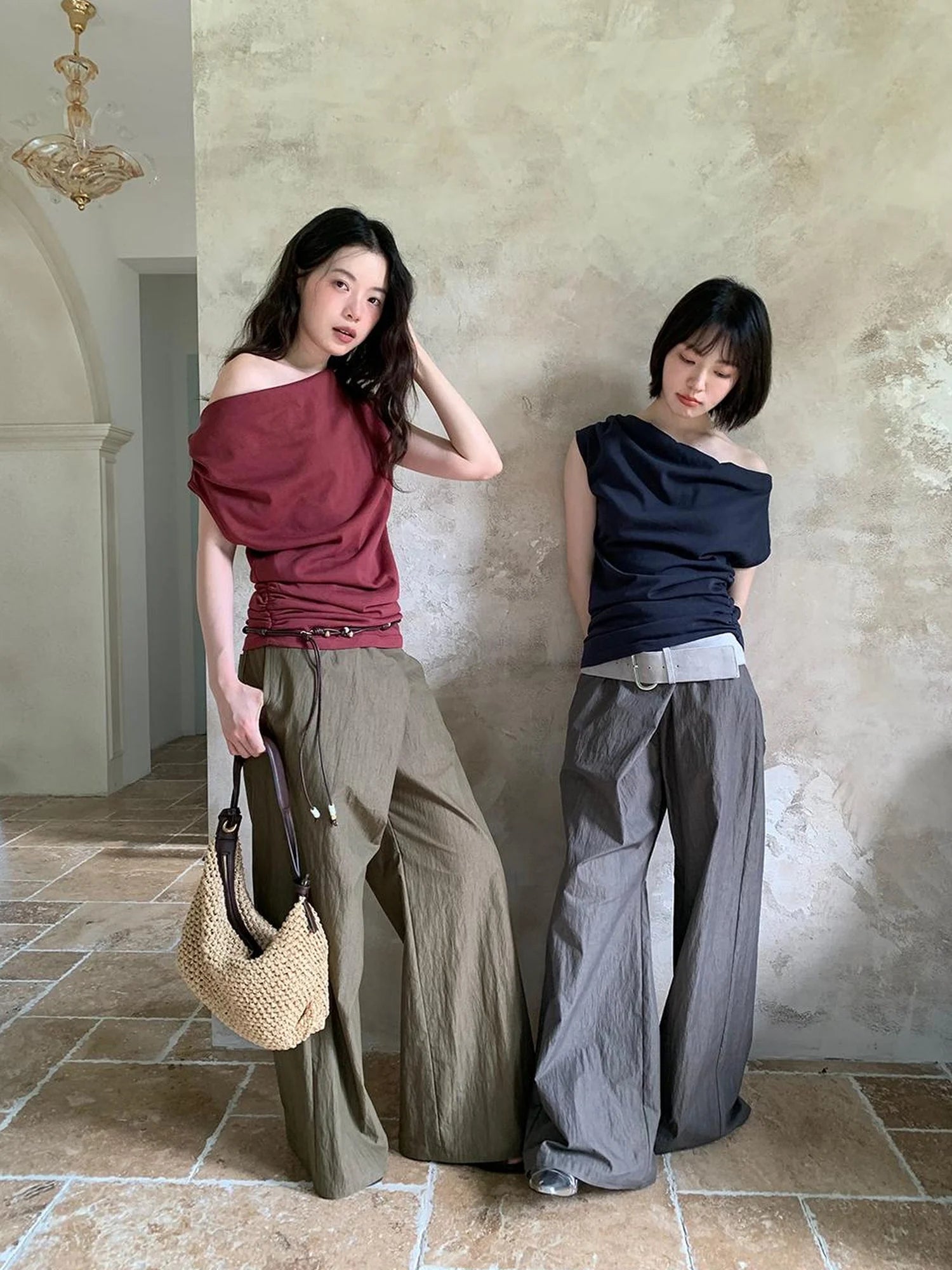 Slant Placket Wide Leg Paper Touch Trousers