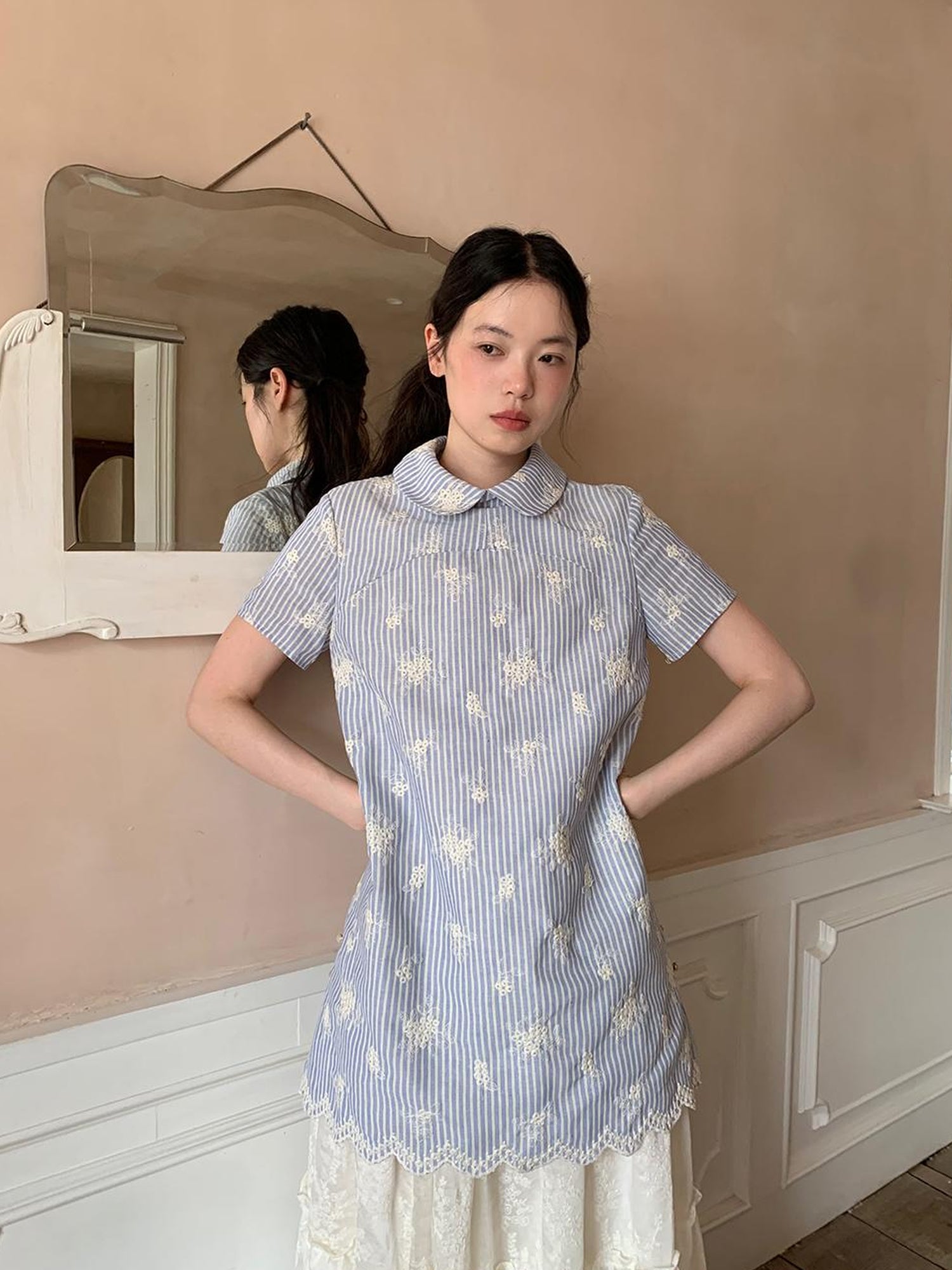 Dorydory Striped Jacquette Cheongsam V-neck Dress