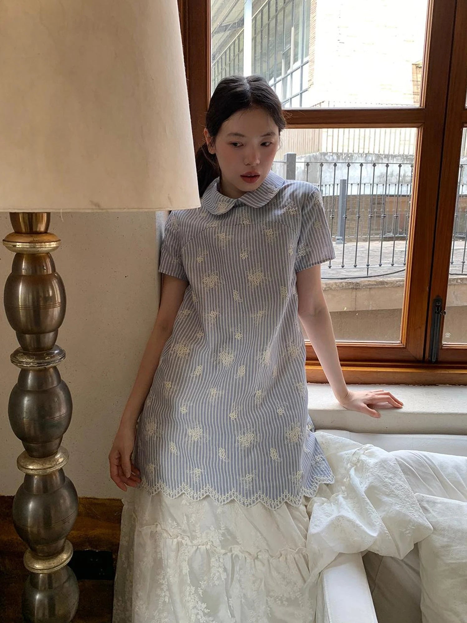 Striped Jacquette Cheongsam V-neck Dress