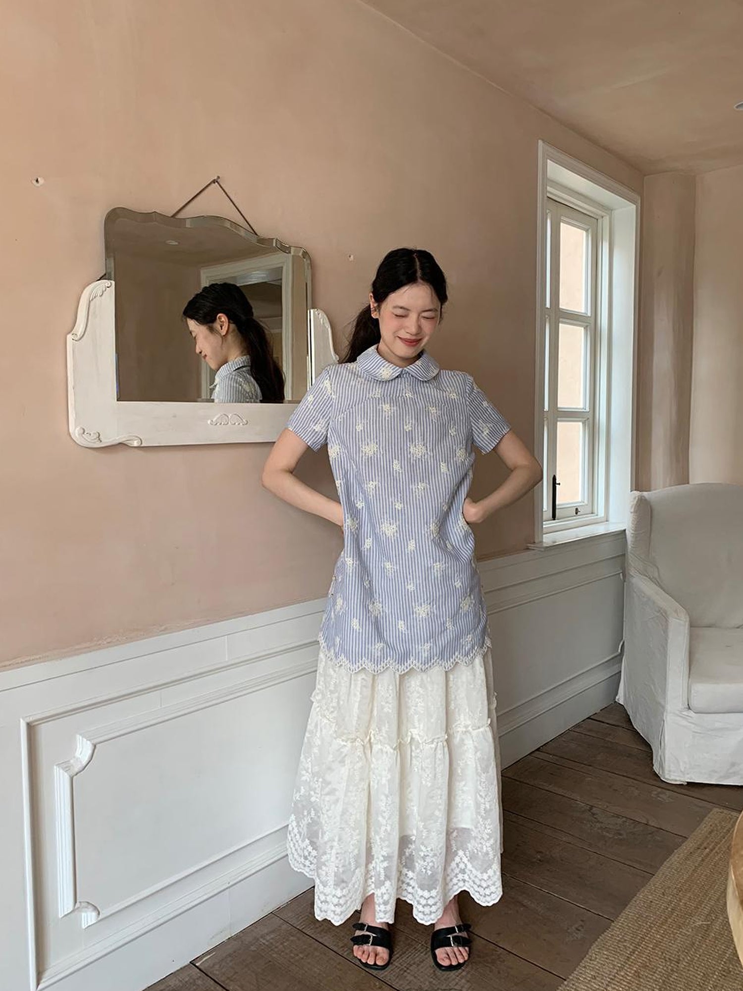 Dorydory Striped Jacquette Cheongsam V-neck Dress