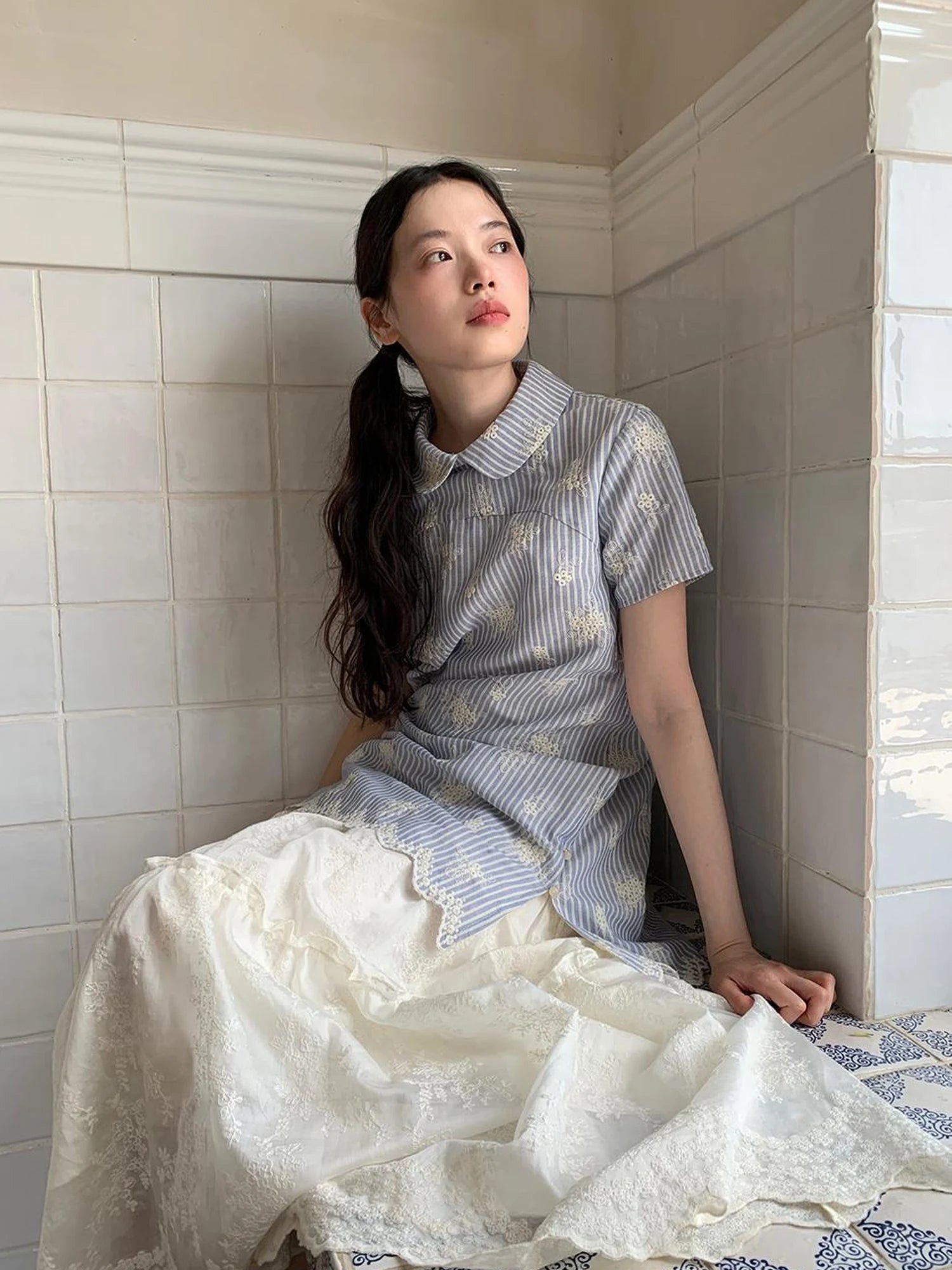 Striped Jacquette Cheongsam V-neck Dress