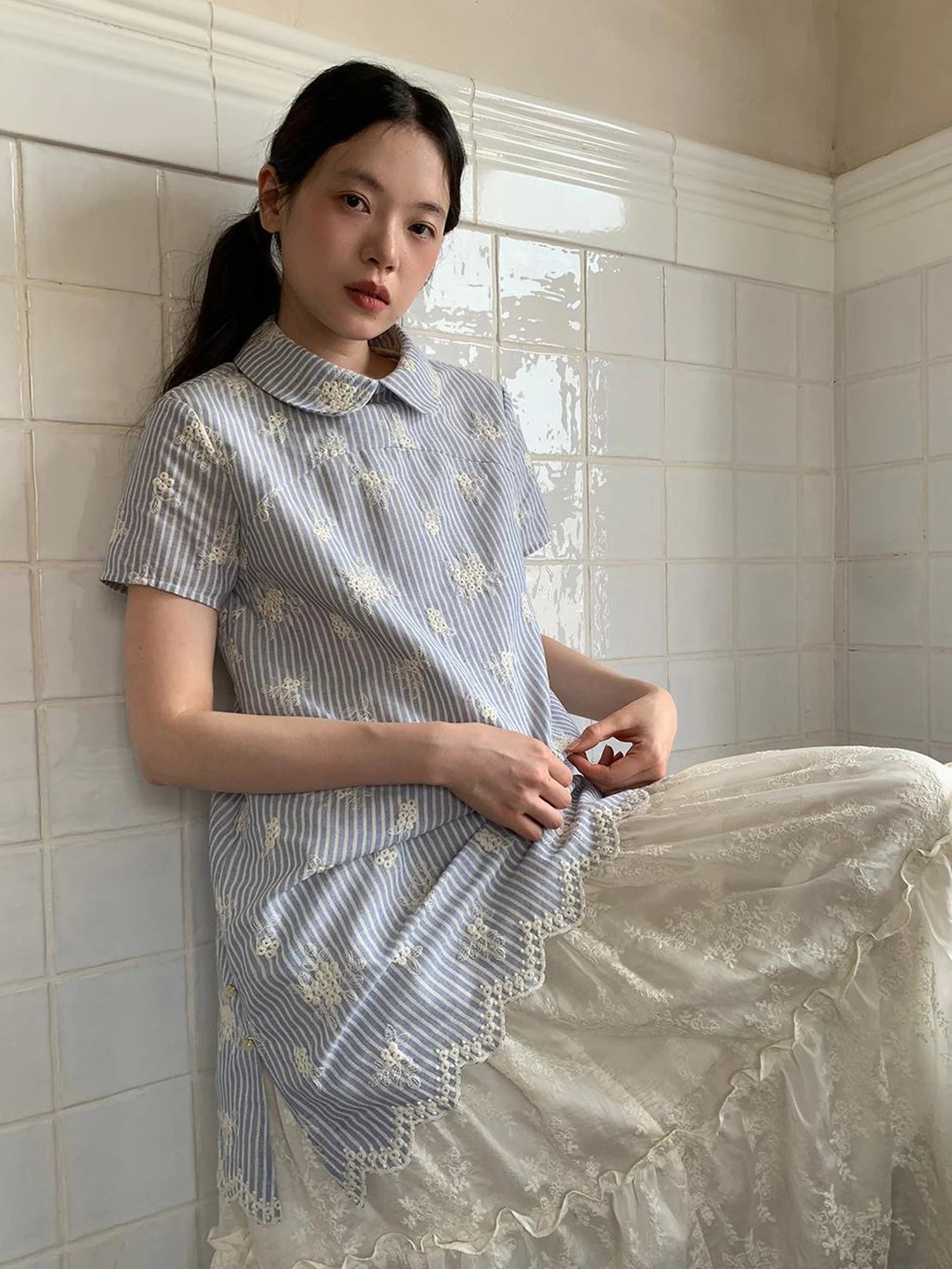 Striped Jacquette Cheongsam V-neck Dress