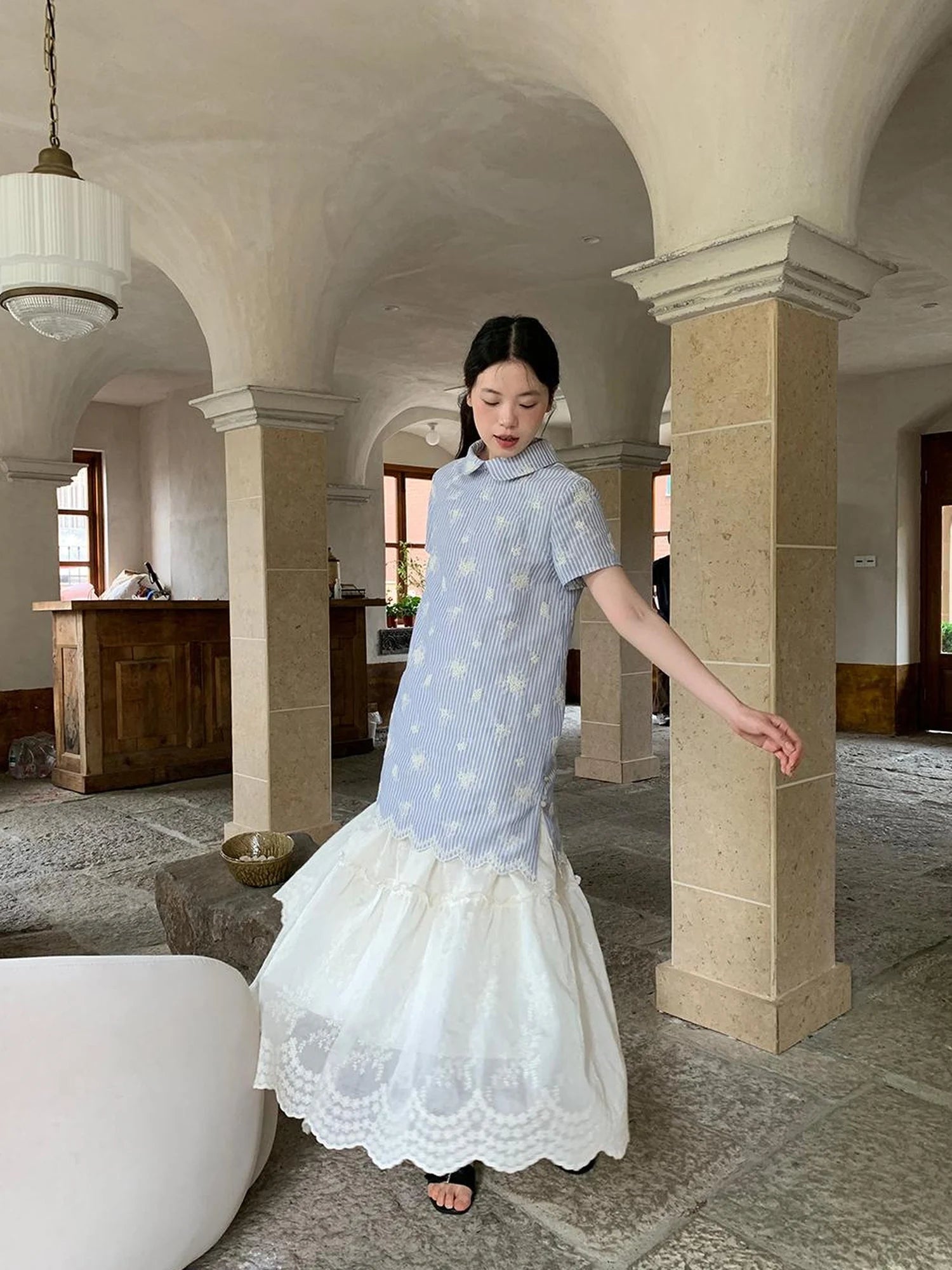 Striped Jacquette Cheongsam V-neck Dress